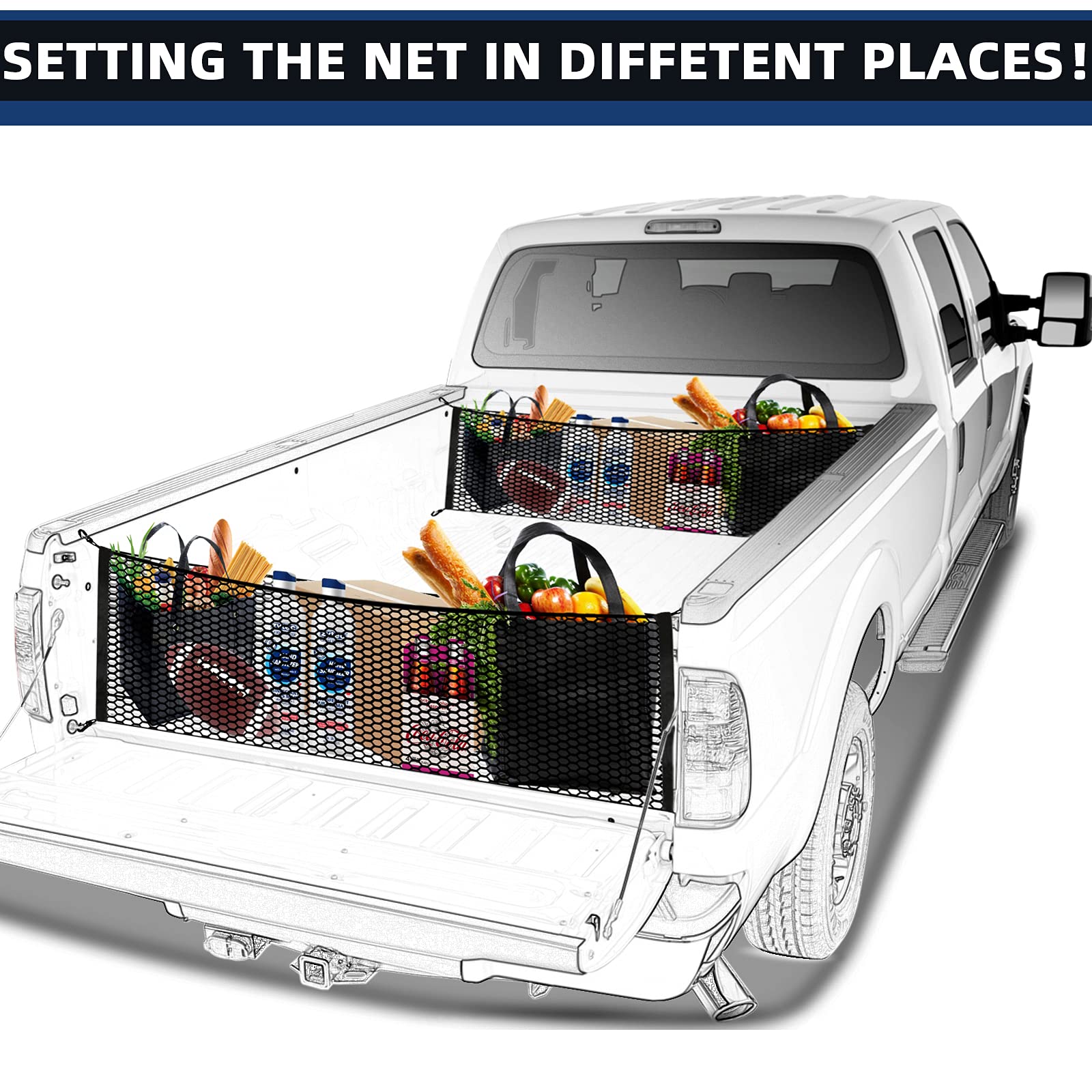 Heavy-Duty Truck Bed Cargo Net - Elastic Mesh Storage Organizer with Hooks for Pickup Trucks | Secure Groceries, Tools & Equipment | Perfect for Camping, Road Trips & Work Hauling