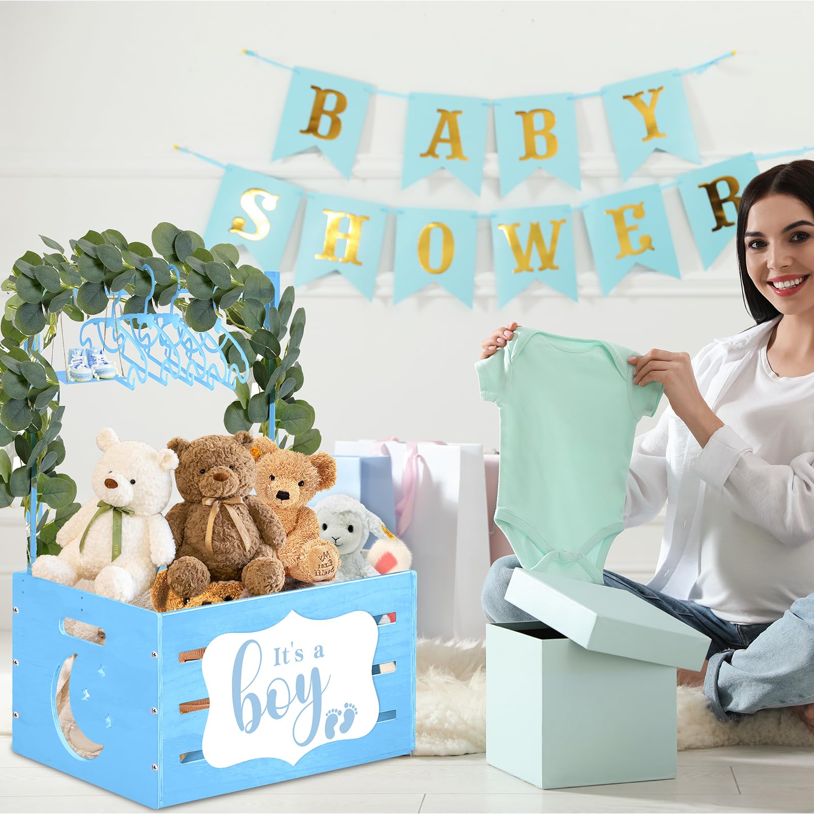 Tkifoda Wooden Baby Shower Gift Crate - Blue Storage Hamper with Handle & Clothes Hanger | Baby Shower Decor, Newborn Gift Basket for Girls | Perfect for Nursery Organization & Baby Shower Party Decorations