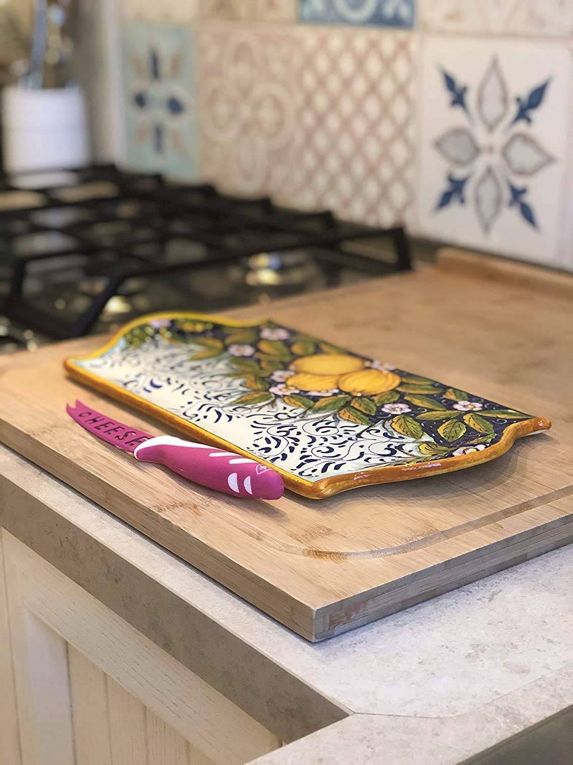 **Hand Painted Italian Ceramic Cheese Tray with Three Lemons Design - Tuscan Florence Artisan Appetizer Plate for Charcuterie, Entertaining & Home Decor - Made in Italy**