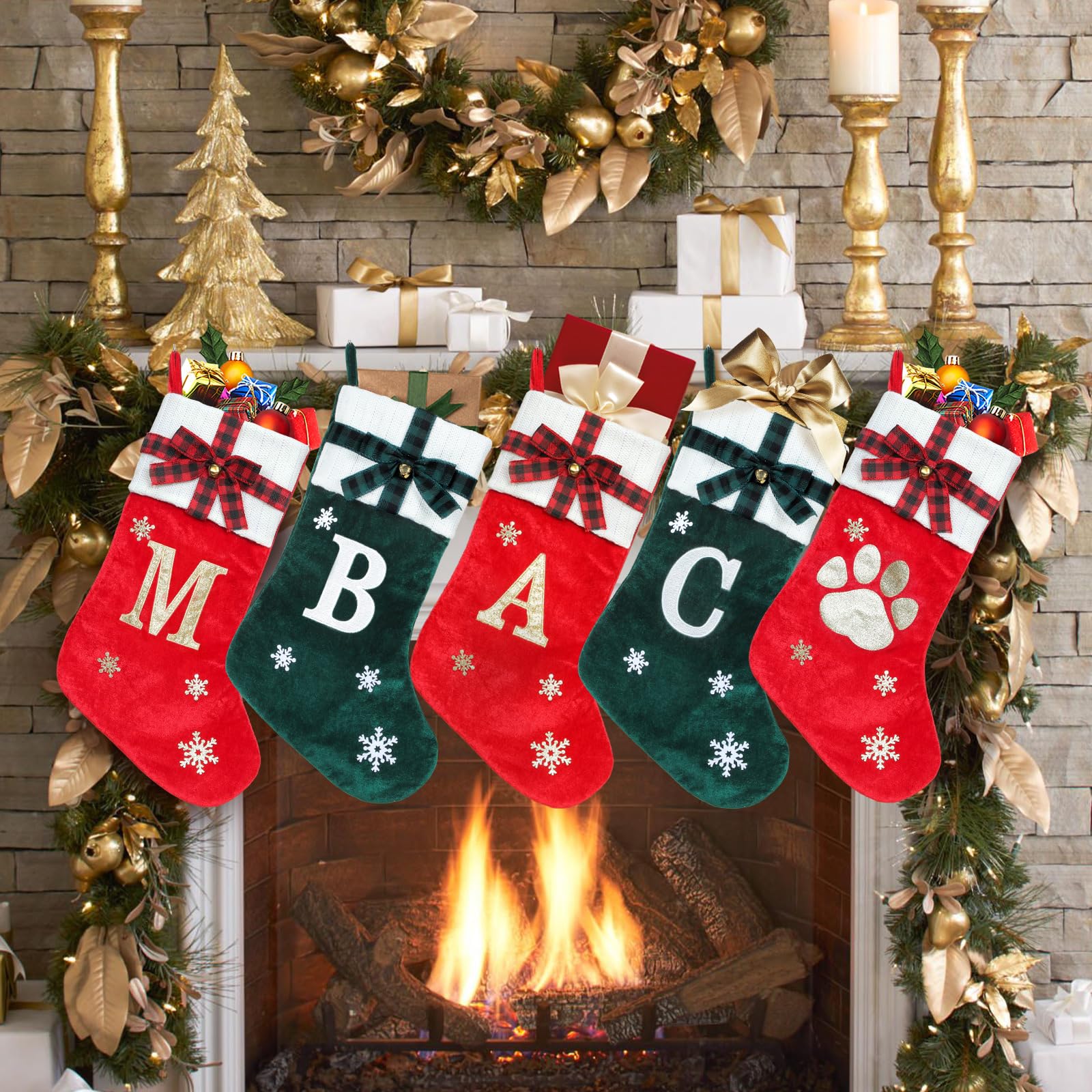 HMASYO 20 Inch Red Velvet Personalized Christmas Stocking for Pets - Embroidered Paw Design with Bow & Knitted Cuff - Large Dog Cat Holiday Stocking for Family Decor - Perfect for Fireplace Mantel & Christmas Tree Decoration