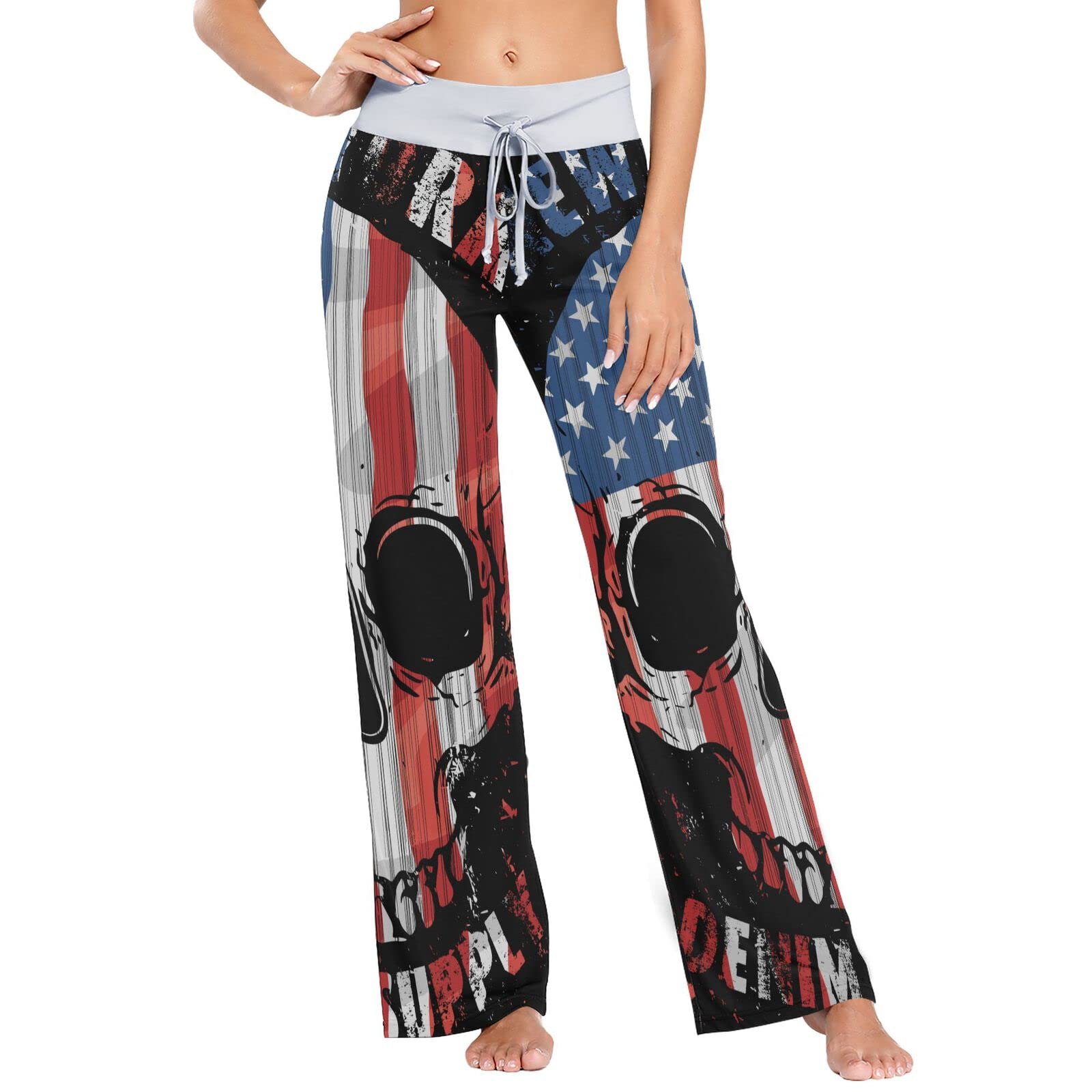 Krafig American Flag Skull Print Pajama Pants for Women - Soft Long Lounge Pants with Drawstring Waist & Wide Leg Design | Perfect for Sleepwear, Loungewear & Patriotic Holidays