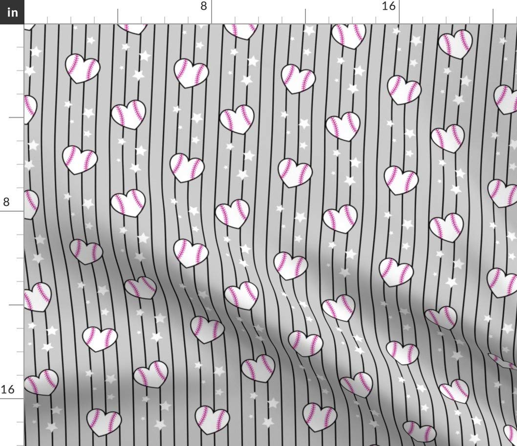 Heart Baseballs Gray Kawaii Softball Printed Petal Signature Cotton Fabric - Fat Quarter for Sewing, Quilting, Apparel, Crafts & Home Decor - Perfect for DIY Sports-Themed Projects & Girly Room Decor