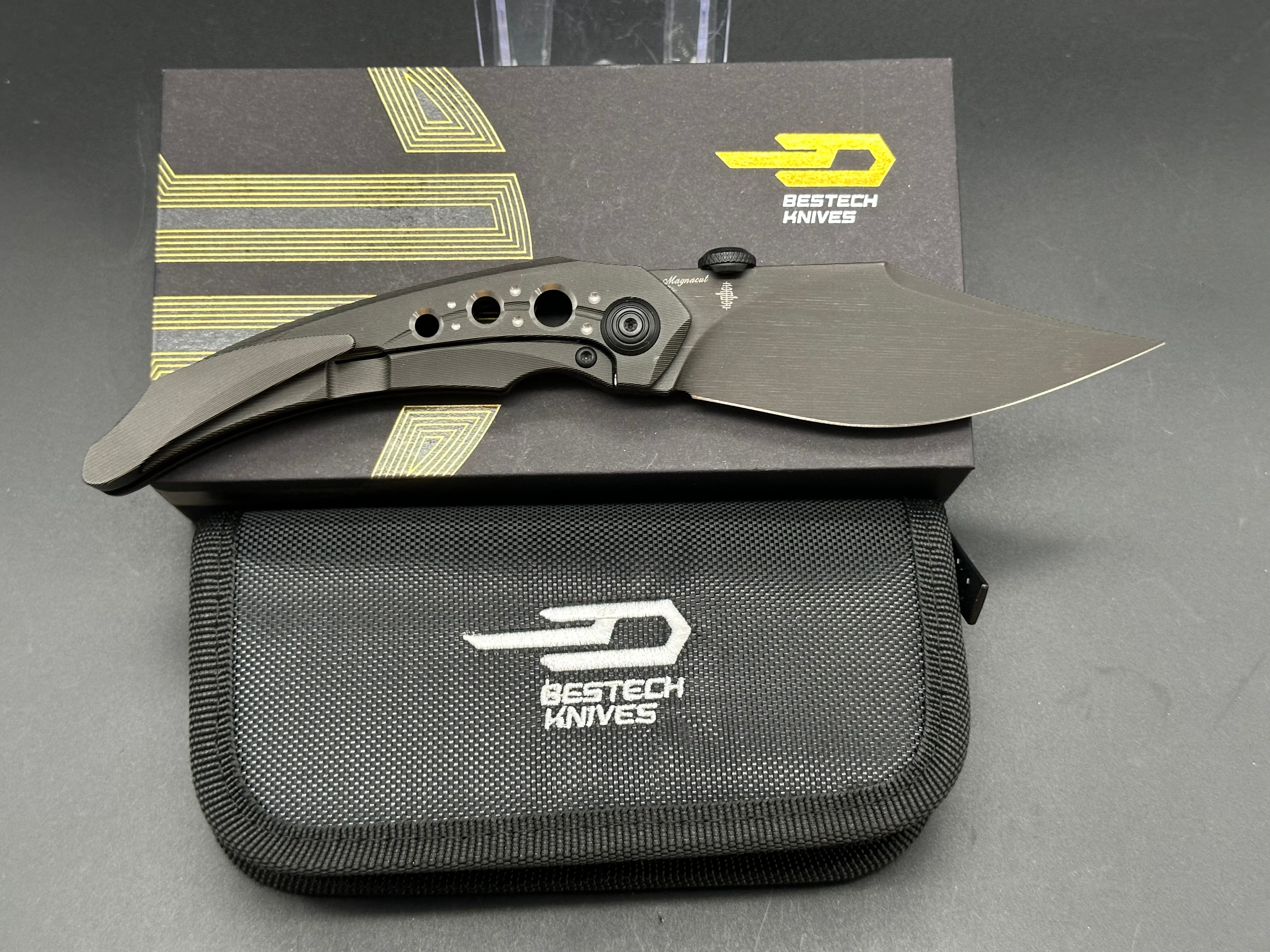 BESTECH RAZON Folding Knife - Black Titanium Handle, MagnaCut Steel Blade with Black PVD/Lasering Line Coating - EDC Pocket Knife for Camping, Hiking & Outdoor Survival
