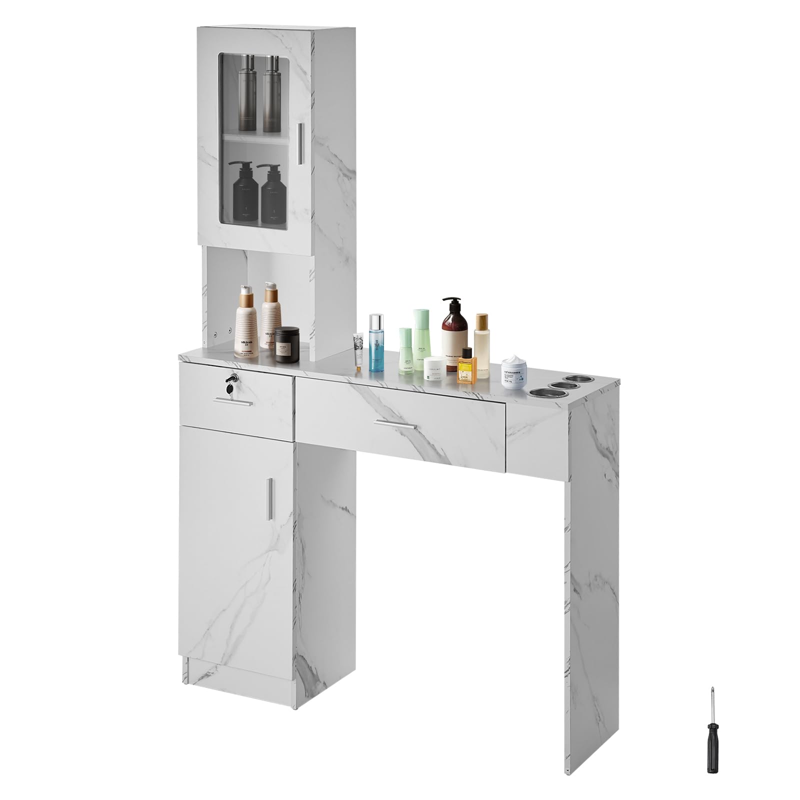 VEVOR Wall Mount Salon Station - Professional Barber & Hair Stylist Storage Cabinet with 3 Cubbies, 2 Drawers (1 Lockable) - White Beauty Spa Furniture for Salon Organization & Home Styling