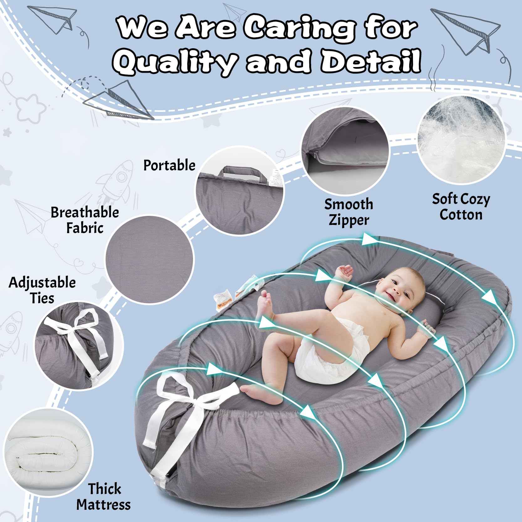 Baby Lounger & Infant Nest Cover - 100% Cotton Breathable Co-Sleeper for Newborns 0-24 Months | Soft Machine Washable Baby Essentials Gift | Perfect for Nursery, Bedside Sleeping & Travel (Gray)