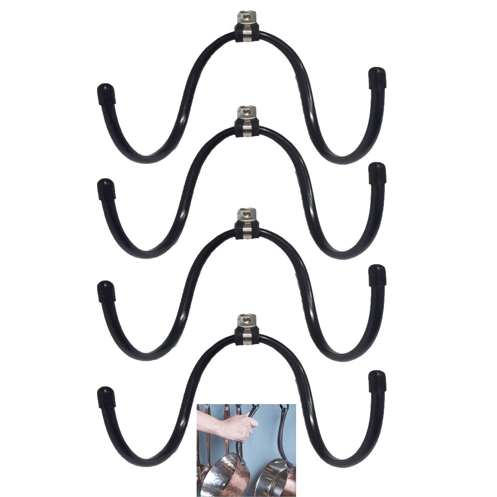 Adjustable Wrought Iron Wall Hook - 4 Pack | Heavy Duty Wall Mounted Pots and Pans Organizer | Kitchen Cookware Storage Rack for Utensils, Rolling Pins & More | Perfect for Small Kitchens, Pantries & RV Spaces