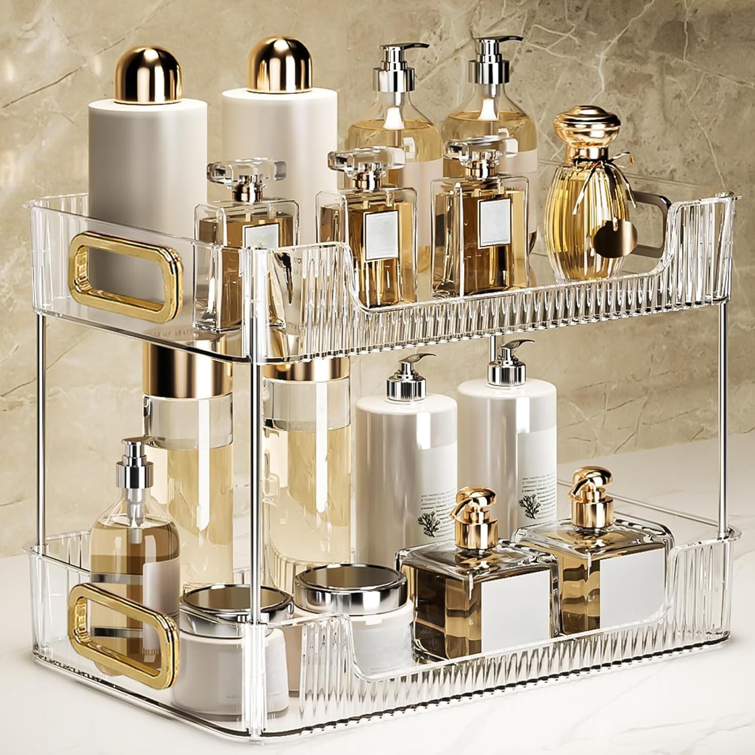 2-Tier Clear Bathroom Countertop Organizer - Cosmetic & Skincare Storage Tray for Perfume, Makeup, Jewelry - Vanity Dresser & Sink Organizer - Perfect for Small Space Bathroom Organization