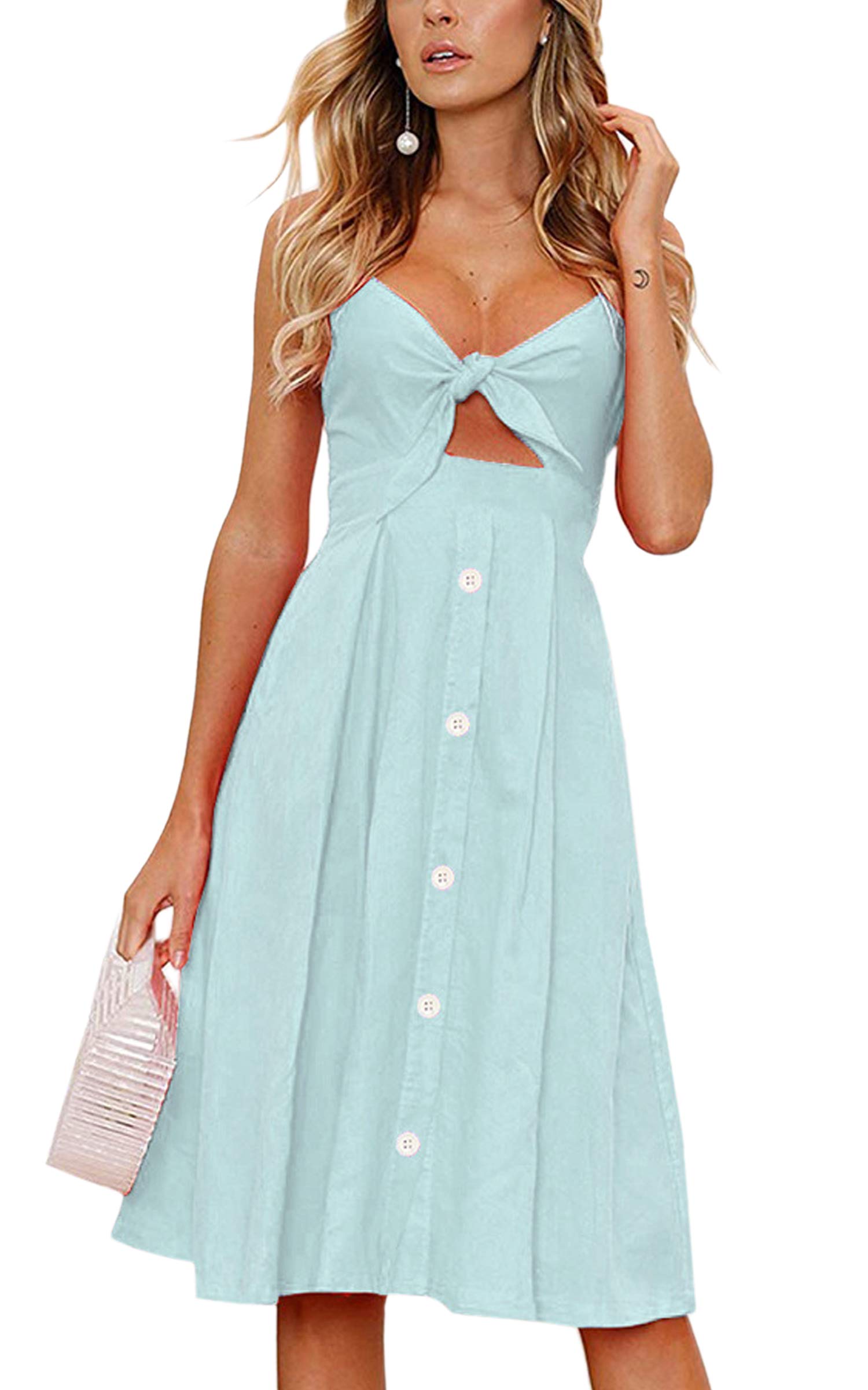ECOWISH Women's 2024 Summer Dress - V-Neck Spaghetti Strap Tie-Front A-Line Midi Dress with Button Down Backless Design in Light Green | Perfect for Beach Vacations, Date Nights & Summer Parties