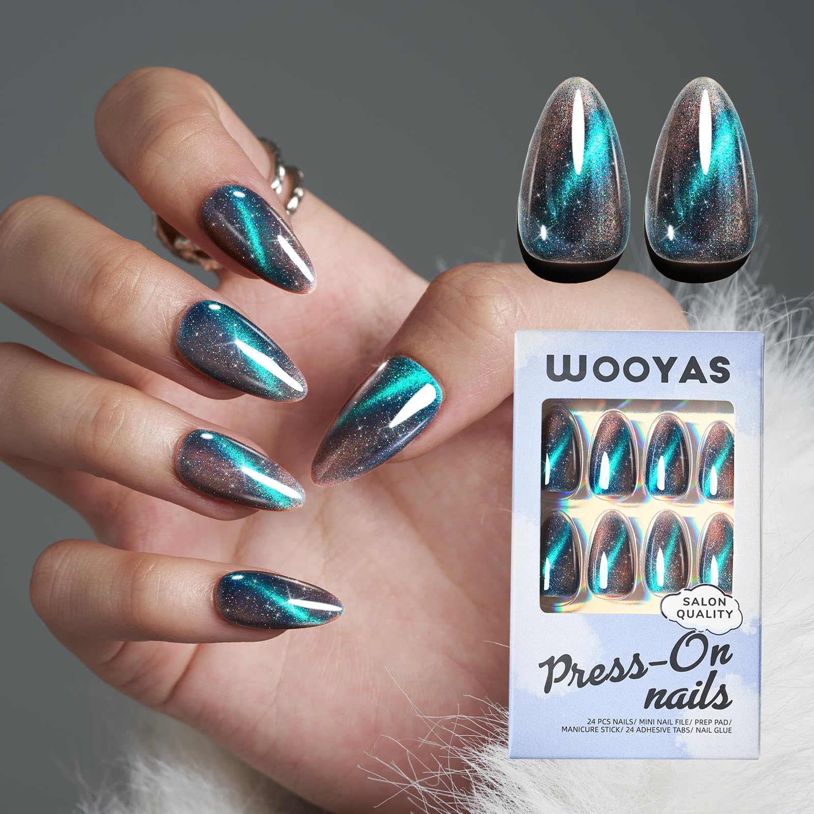 Cat Eye Press on Nails Almond Shape - Grey Medium Fake Nails with Green Glitter Design, Glossy Salon-Quality Magnetic Gel Nails (24 Pcs Kit, 12 Sizes) for Women & Girls - Perfect for Parties, Weddings, Date Nights & Special Occasions