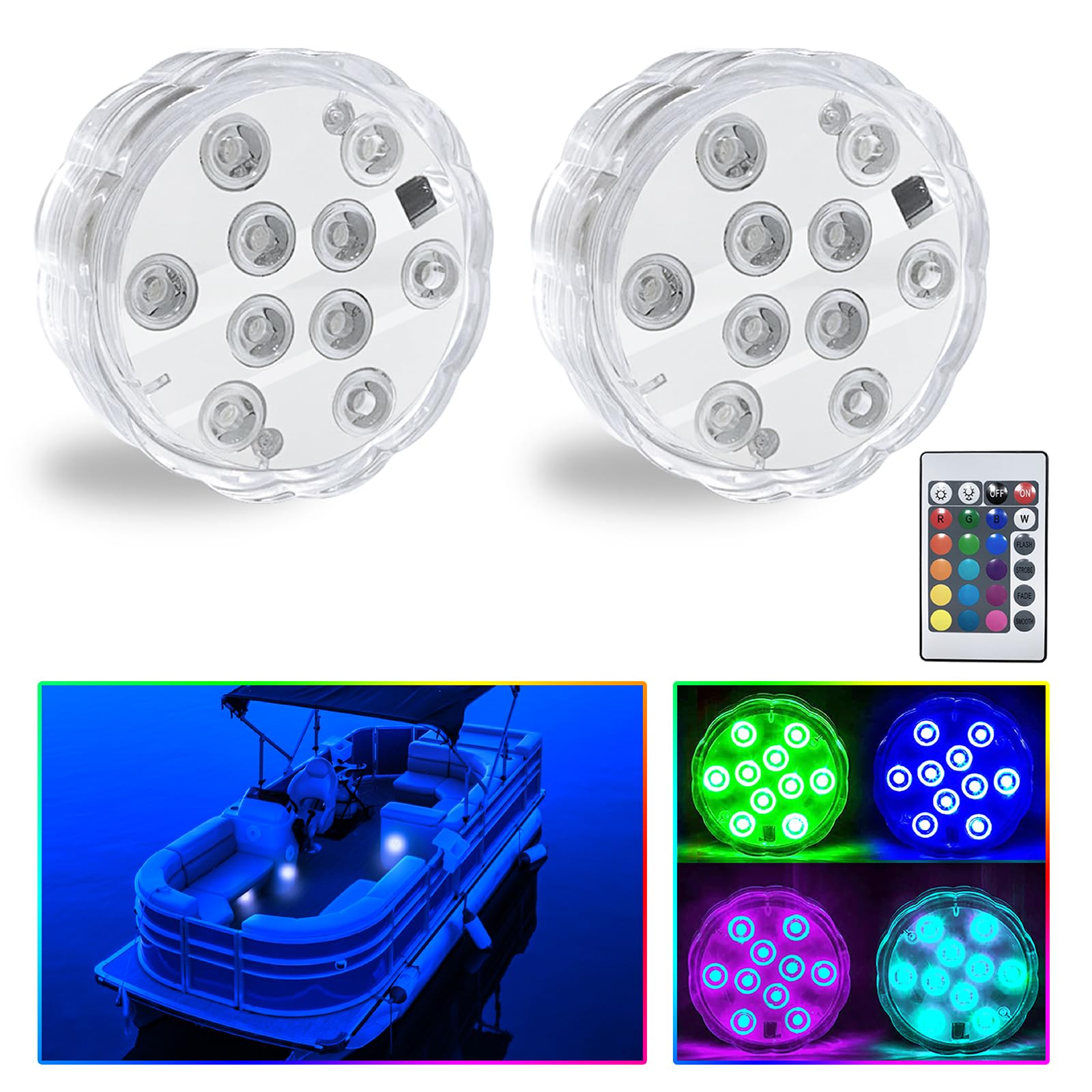 RGB LED Boat Lights with Wireless Remote - Waterproof Marine Lighting for Interior, Deck & Courtesy Use - Battery Operated for Pontoon, Jon Boat, Kayak & Fishing Boats (2 Pack) - Perfect for Night Fishing & Party Lighting