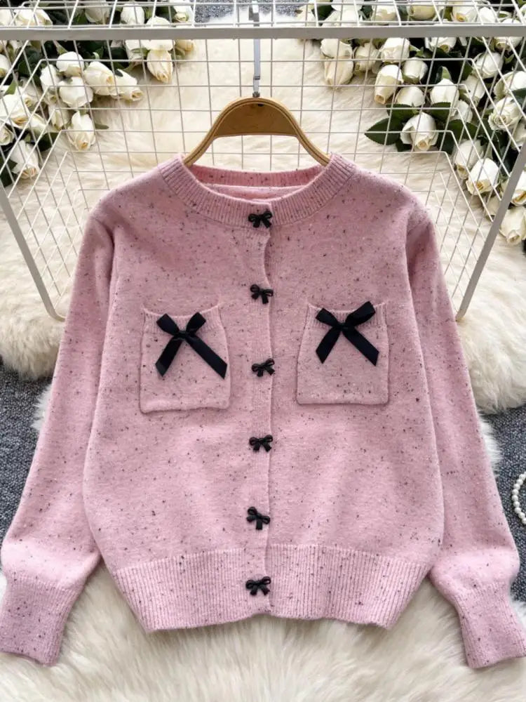 2024 Trendy Women's Vintage Red Pink Knit Sweater - Elegant Round Neck Long Sleeve Bow Detail Winter Top | Perfect for Office, Dating & Holiday Outfits