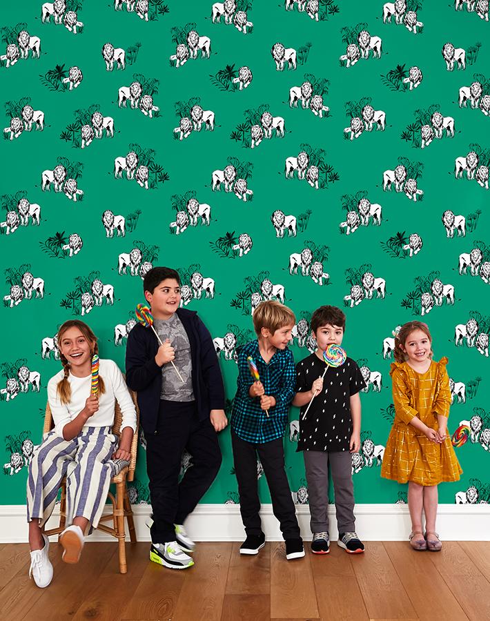 Foliage Lions Wallpaper by Tea Collection | Emerald Green Botanical Design | Perfect for Nursery, Kids Room & Home Decor