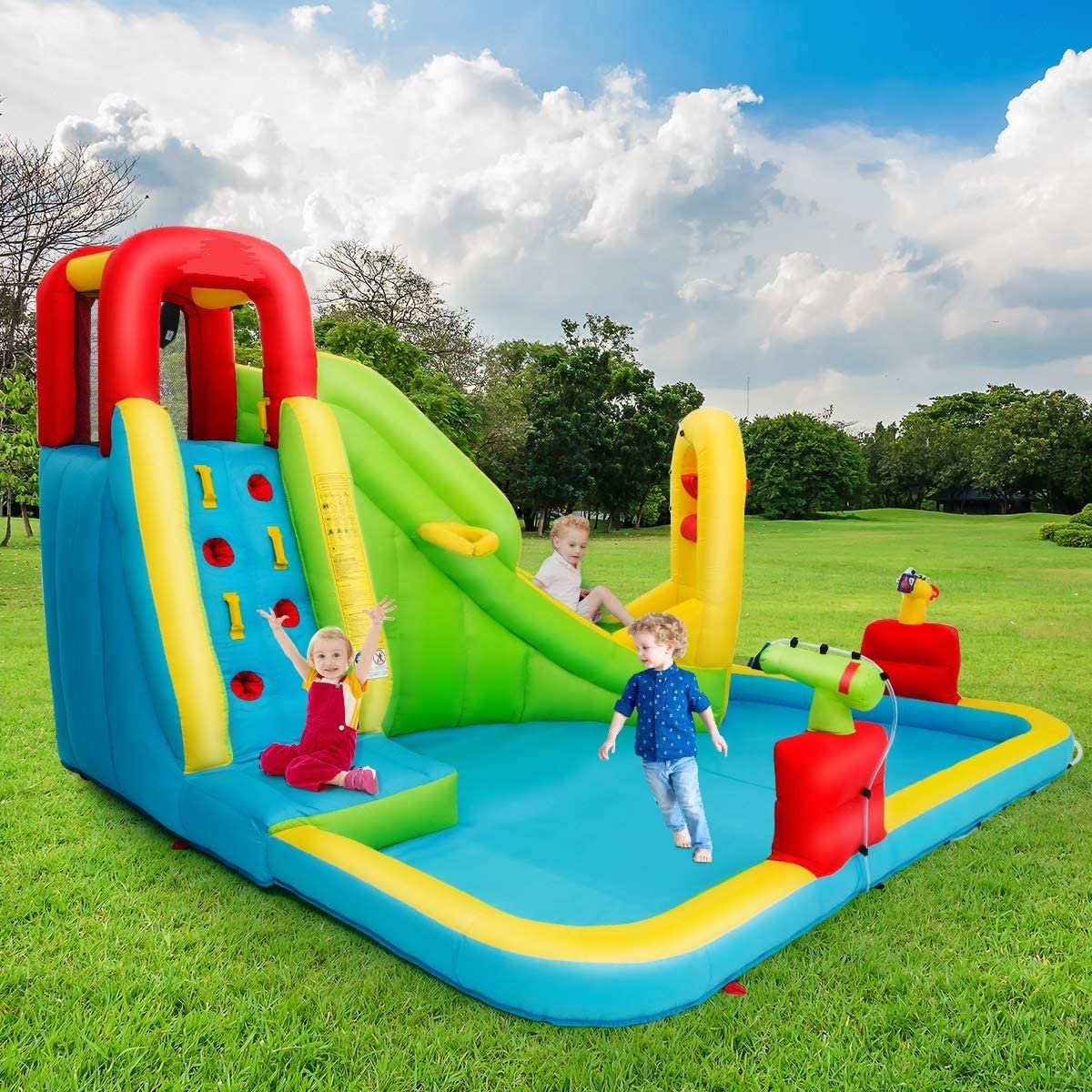 OLAKIDS 7-in-1 Inflatable Water Slide & Bounce House with 2 Slides, Climbing Wall, Splash Pool, Basketball Hoop, 2 Water Guns - Outdoor Water Park for Kids - Includes Carrying Bag & Water Hose - Perfect for Backyard Parties, Summer Fun & Family Gatherings