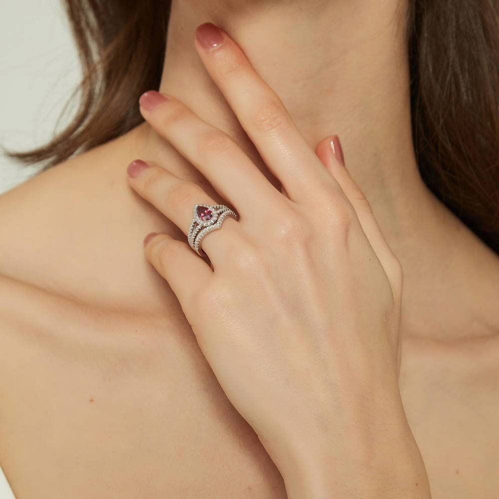 BERRICLE Sterling Silver Halo Wedding & Engagement Ring Set for Women - Red Pear Cut Cubic Zirconia CZ Wishbone Split Shank Design, Rhodium Plated (Size 4-10) | Perfect for Proposals, Anniversaries & Special Occasions