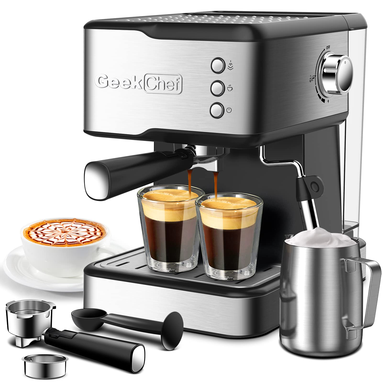 Geek Chef 20 Bar Espresso Machine with Milk Frother - 950W Stainless Steel Coffee Maker for Cappuccino & Latte - 1.45L Water Tank - Perfect for Home Baristas & Coffee Lovers - Ideal for Morning Brews, Entertaining Guests & Coffee Shops