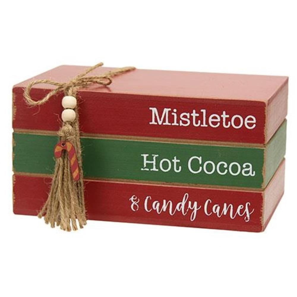 Christmas Decor Wooden Stacked Books - Mistletoe Hot Cocoa & Candy Canes Holiday Home Decor for Mantel, Coffee Table, and Festive Gift Giving