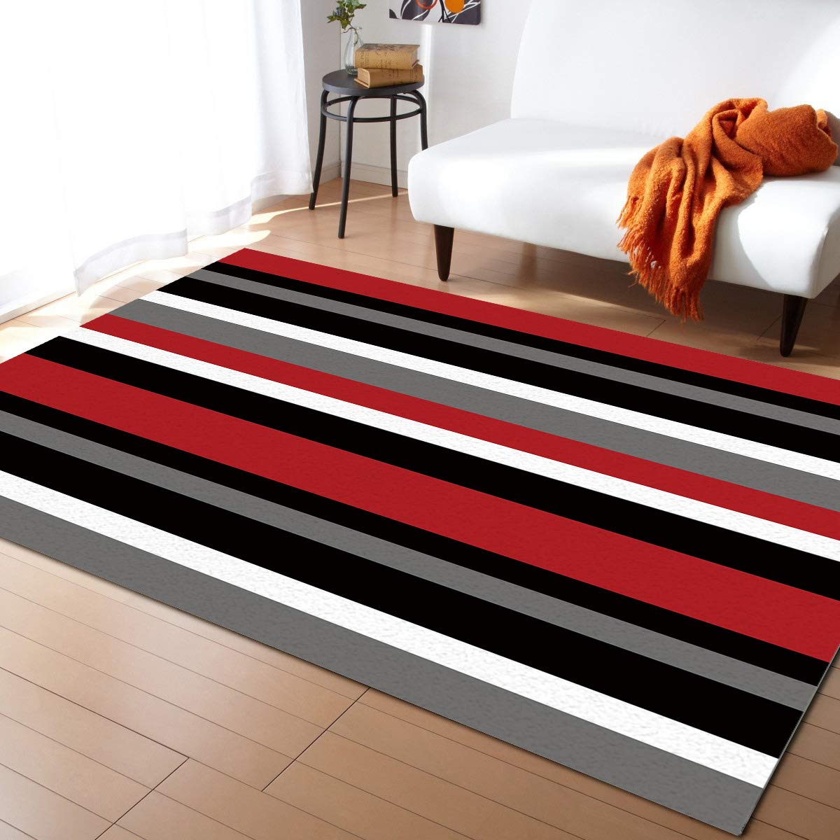 Geometric Gray Black Red White Stripe Non-Slip Rectangle Area Rug 5'x7' - Perfect for Bedroom, Living Room, Kids Room & Playroom - Indoor Home Decor & Floor Covering