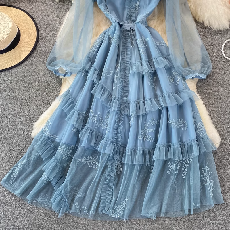Fairy Long Sleeves Tulle Dress for Women - Elegant Sweet Layered Ruffled Skirt for Autumn Fall Wedding Party Prom Evening Occasions