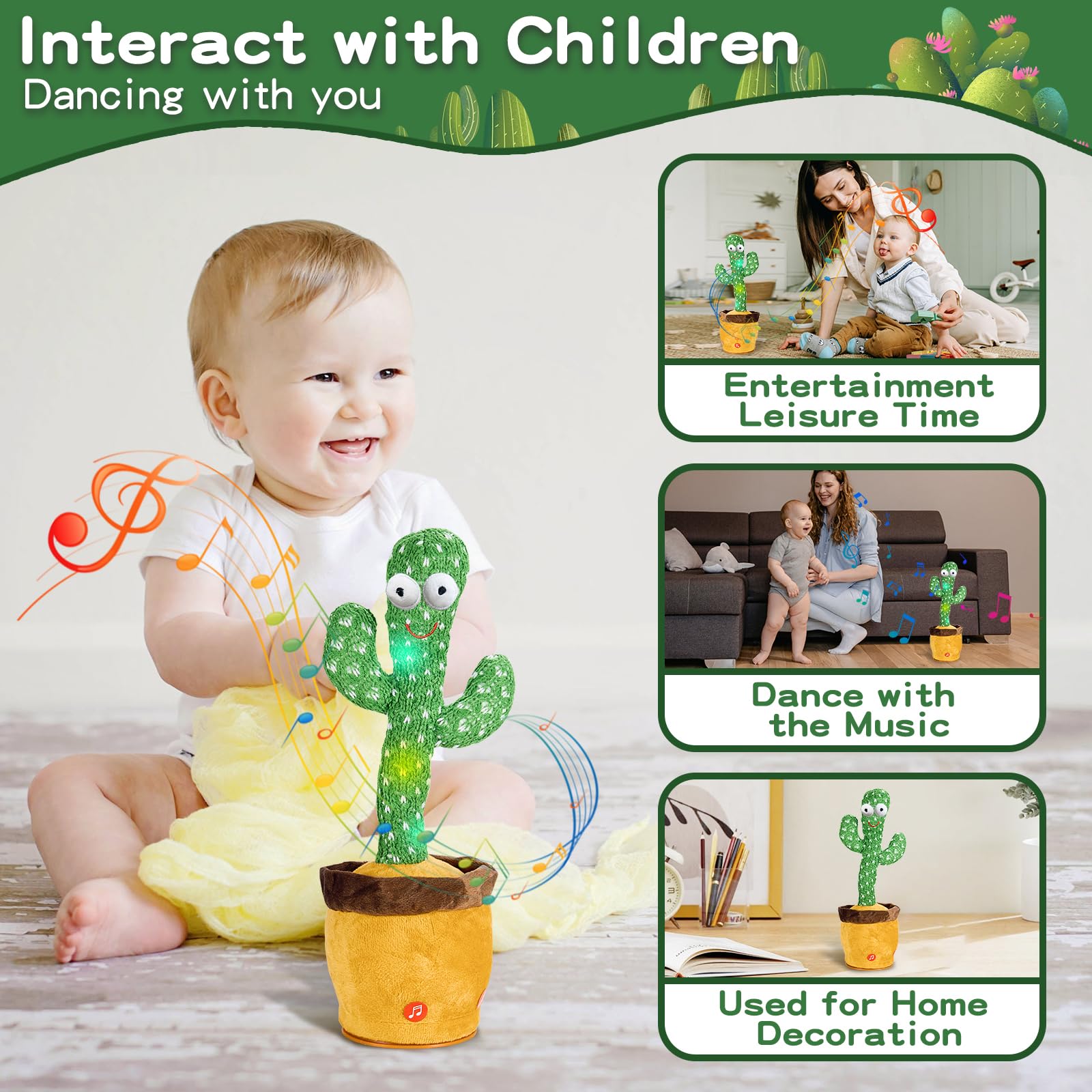 Interactive Talking Dancing Cactus Toy for Kids - Repeats & Records Voice, Plays 120 English Songs - Fun Musical Gift for Boys & Girls - Perfect for Birthday, Christmas & Learning Playtime