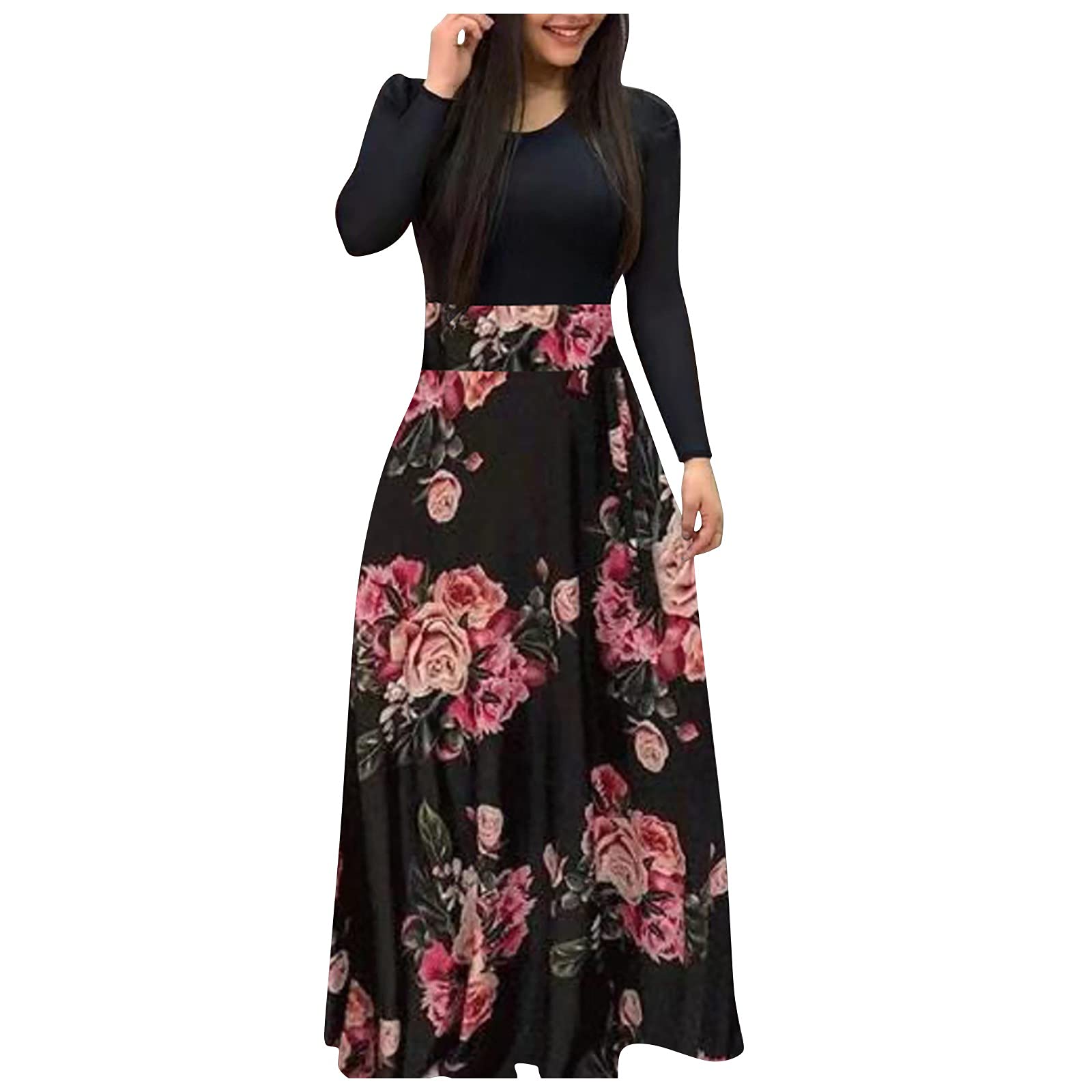 MINEMIN Women's Casual Maxi Dress - Long Sleeve High Waist Floral Print Party Holiday Long Dress for Summer Beach, Vacation & Special Occasions