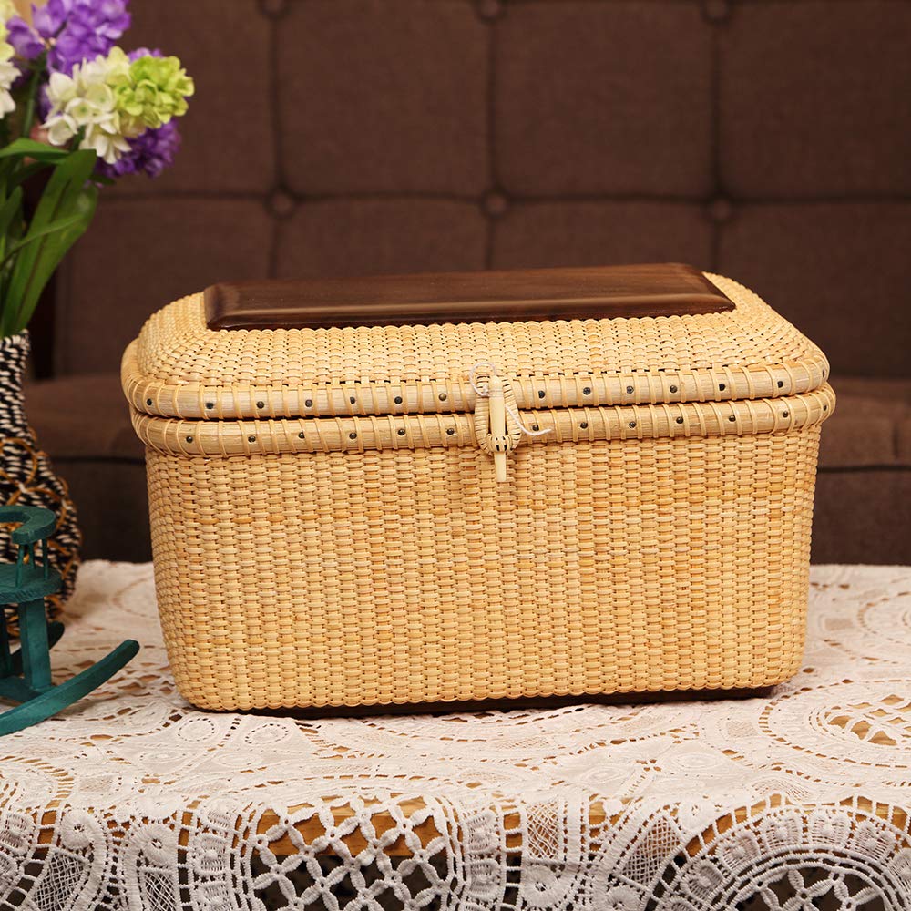 Handwoven Rattan Storage Basket Set with Lid - Rectangular Nantucket Baskets for Shelves & Home Organization | Perfect for Bedroom, Bathroom & Living Room Storage