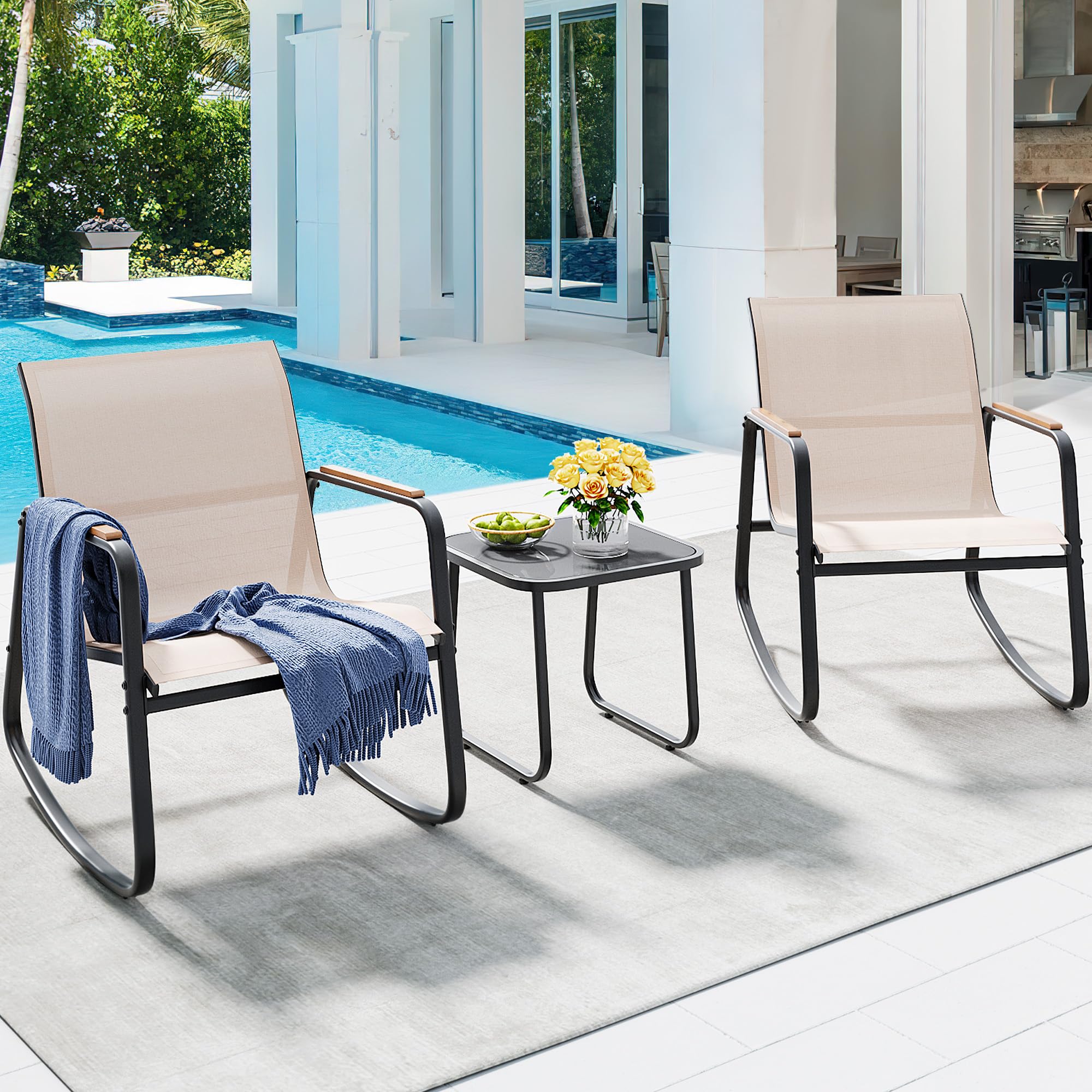 YITAHOME 3-Piece Outdoor Rocking Bistro Set with Wooden Armrests & Glass Table - Patio Furniture for Garden, Balcony, Poolside & Porch - Beige Rattan Chairs for Relaxing & Entertaining