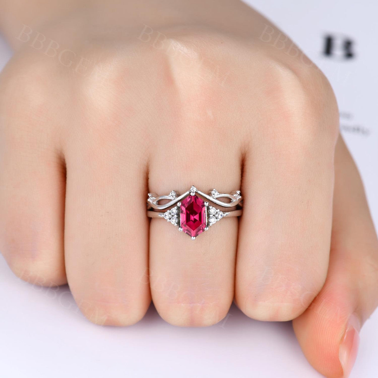 Hexagon Ruby and Diamond White Gold Wedding Ring Set - Nature-Inspired Twig Leaf Vine Cluster Design for Women - Perfect for Engagement, Anniversary, and Special Occasions