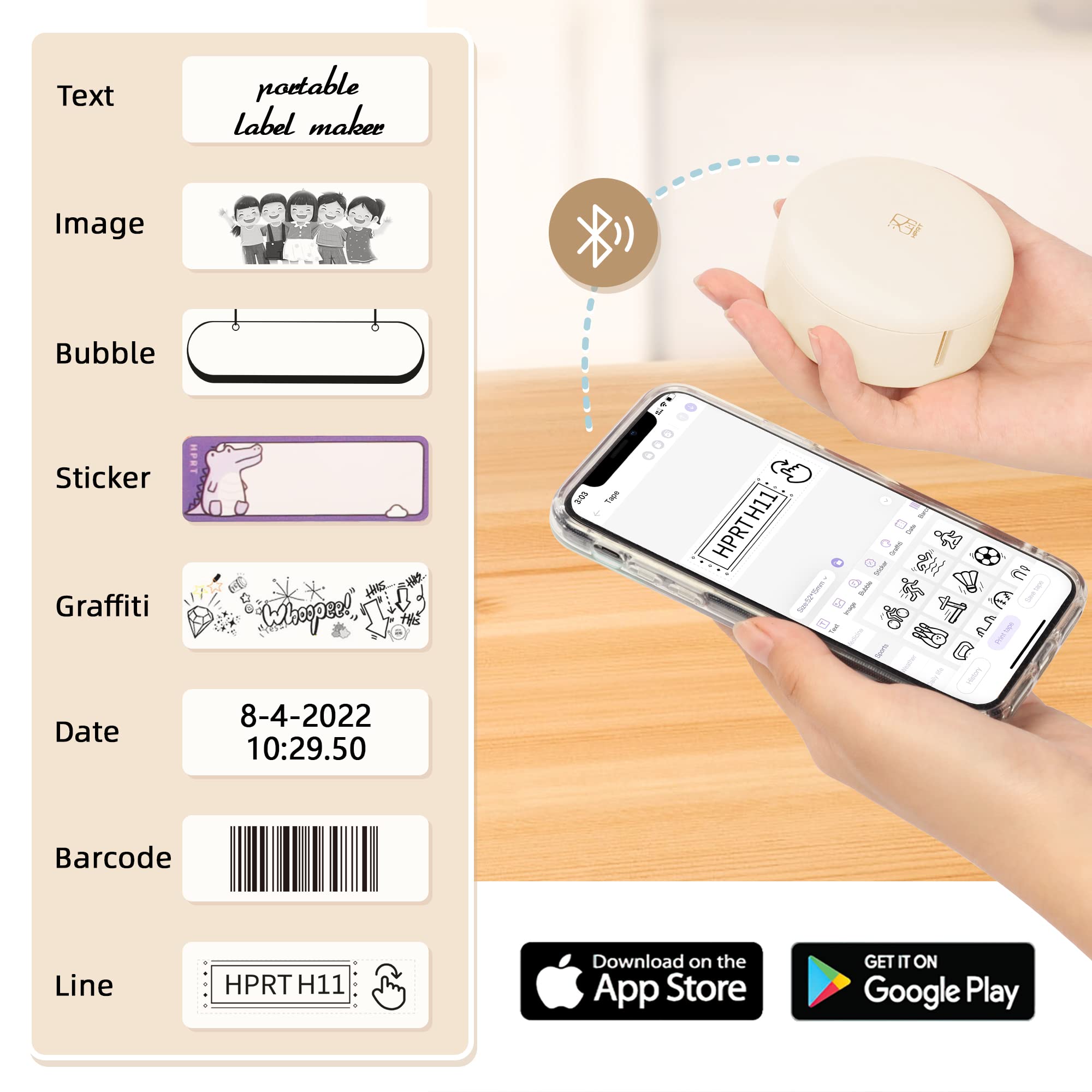 HPRT H11 Wireless Bluetooth Thermal Label Maker with 5 Tapes - Portable Mini Label Printer for Home, Office, School Organization | Compatible with iPhone & Android | Perfect for Storage, Classroom Supplies & Kids Items Labeling