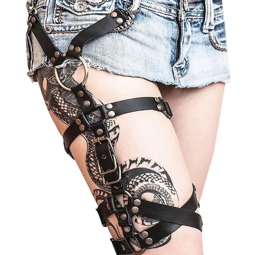 Women's Black Leather Leg Harness Garter Belt - Adjustable Cage Belt Punk Body Chain Thigh Suspender for Gothic Fashion, BDSM Outfits & Alternative Style