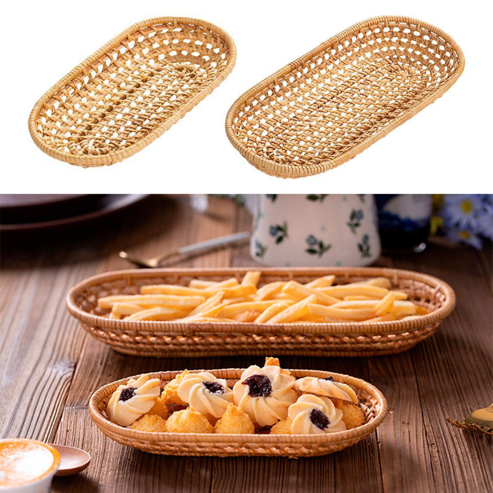 Hand Woven Rattan Serving Basket - Large Woven Tabletop Tray for Food, Fruits & Vegetables - Natural Storage Basket with Key Holder - Perfect for Kitchen, Dining Table & Farmhouse Decor