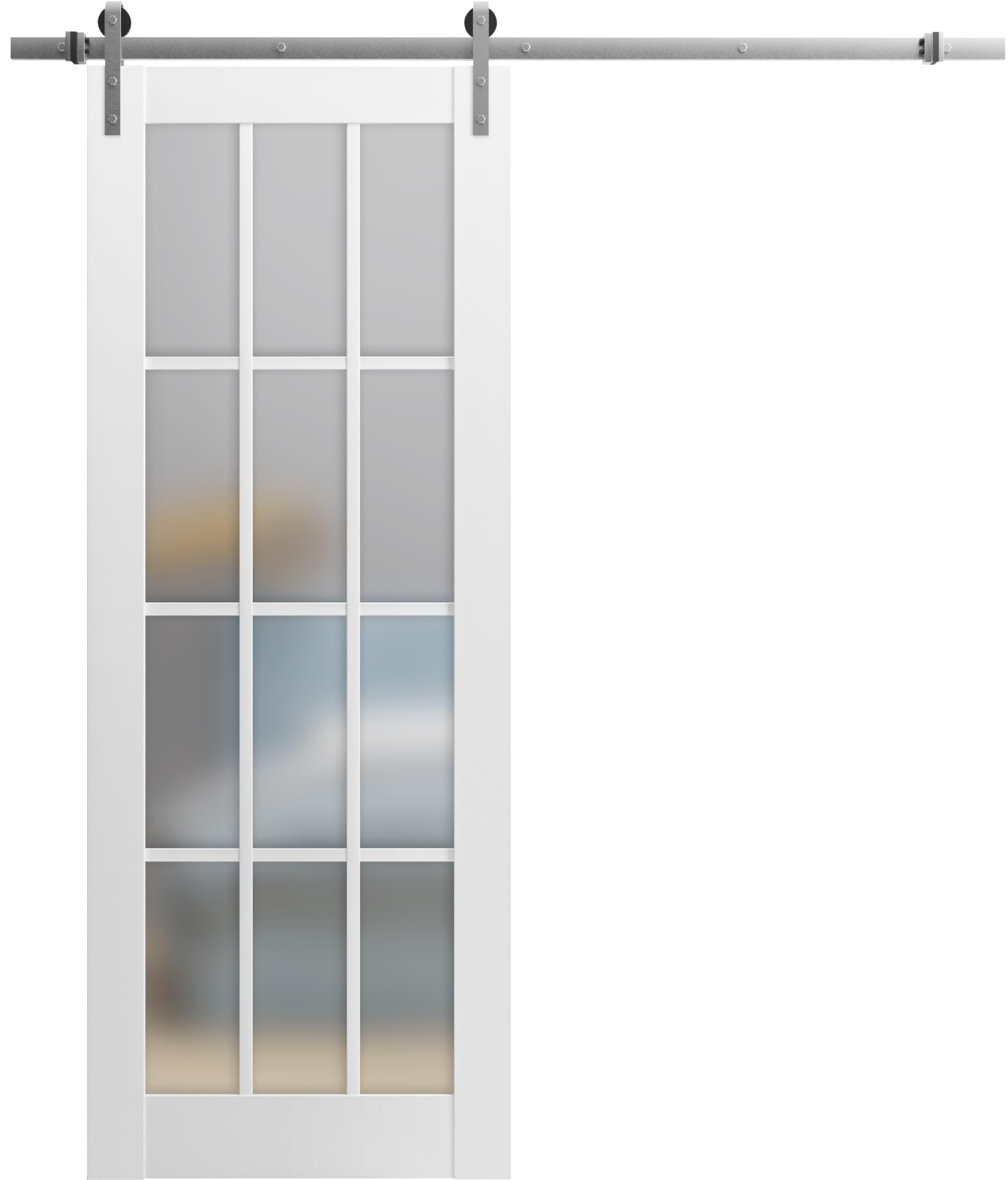 Felicia 3312 Matte White Frosted Glass Barn Door - 18x96 Inches, 12 Lites, Top Mount Stainless Steel 6.6FT Rail with Heavy Duty Hangers | Solid Panel Interior Sliding Door for Bedroom, Closet, or Home Office