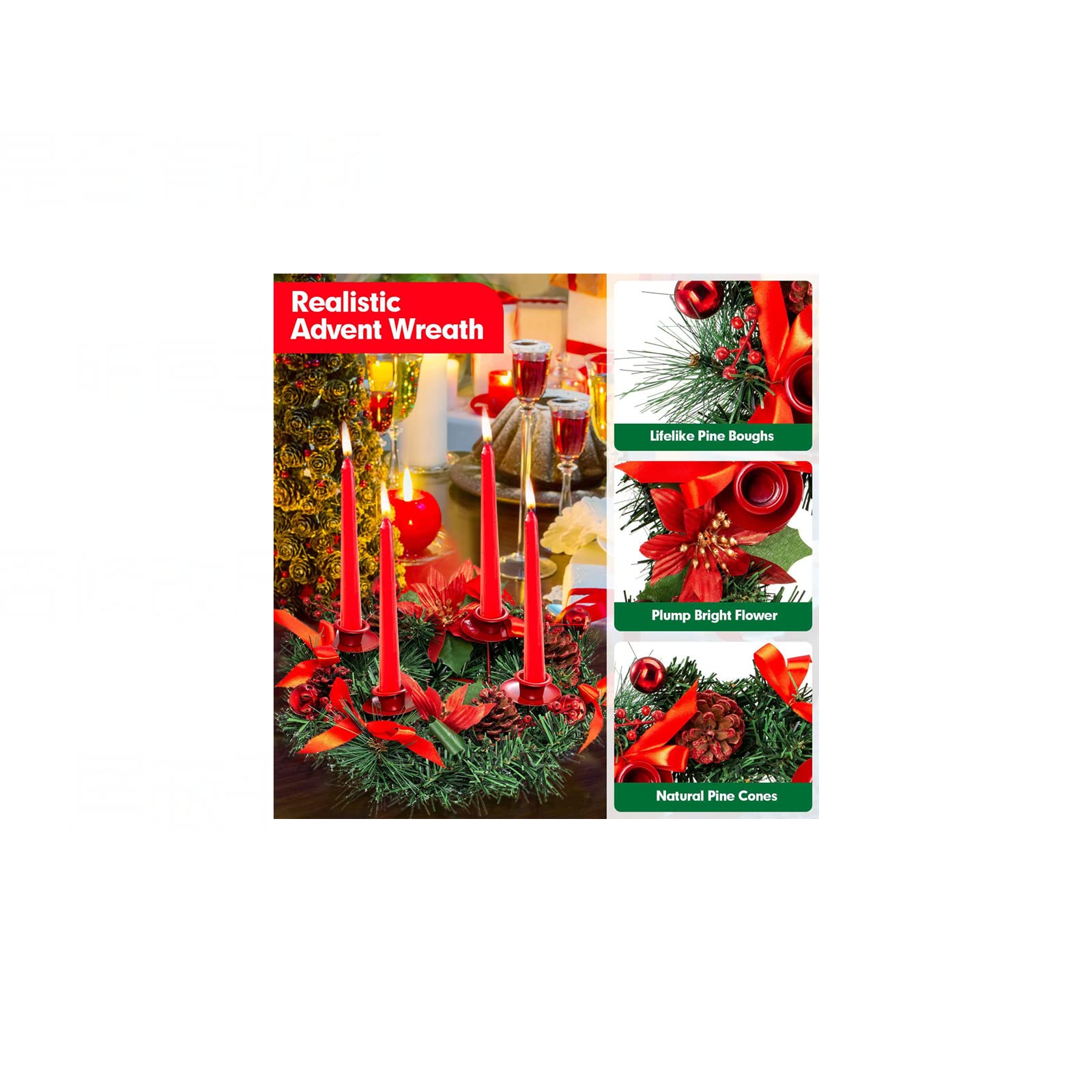 13.3'' Christmas Advent Wreath Candle Holder with Colorful Ribbon - Artificial Rattan Wreath for Candles - Holiday Decor for Christmas, Hanukkah, Home, Table & Party (Red) - Perfect for Fireplace Mantel, Dining Table Centerpiece & Festive Wall Decor