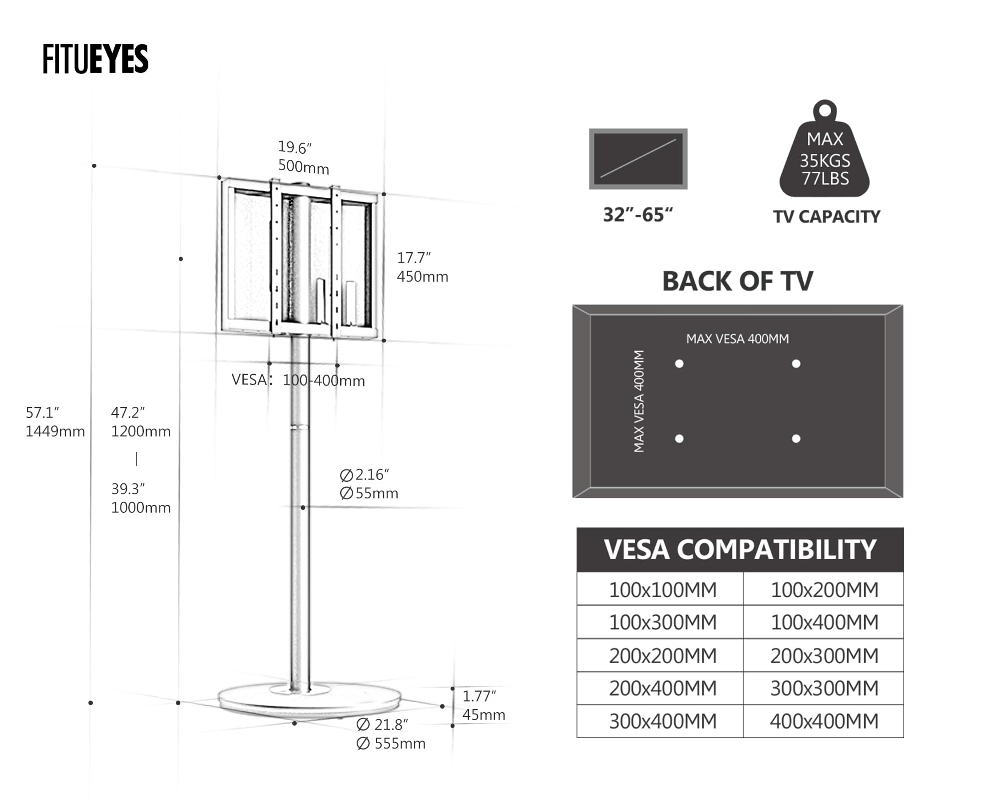 FITUEYES Mobile Rolling TV Stand Cart for 32-65 Inch TVs - Adjustable Modern Corner TV Floor Stand with Wheels - Fits VESA 400x400mm - White Master Series - Perfect for Living Rooms, Bedrooms & Home Theaters