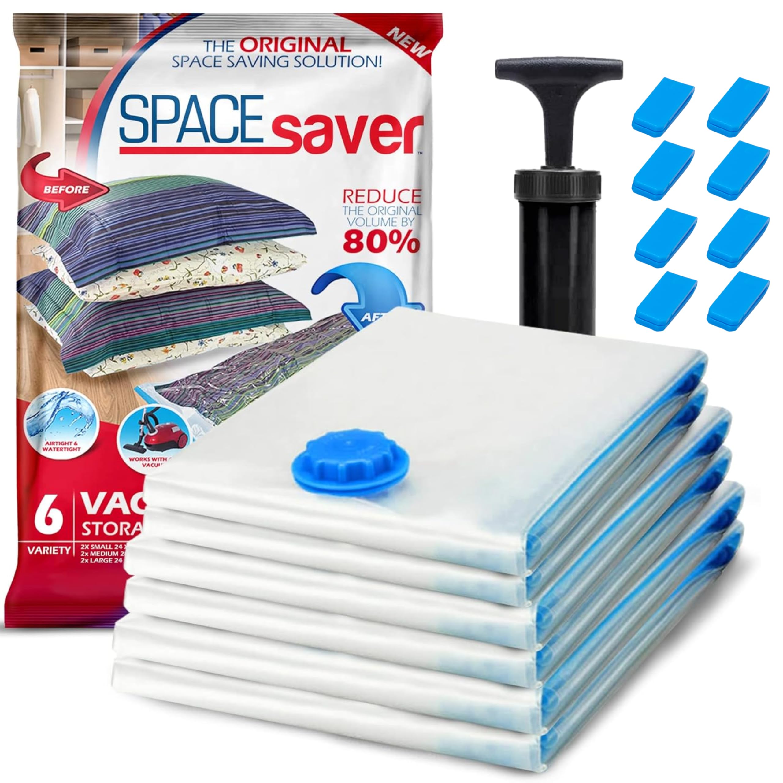 Premium Vacuum Storage Bags 6-Pack (2 Small/2 Medium/2 Large) - 80% More Space Saving, Includes Hand Pump for Clothes, Blankets & Seasonal Items - Ideal for Travel, Moving & Home Organization