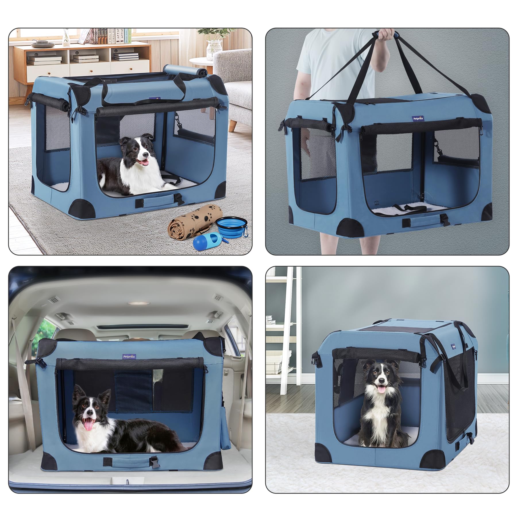 Petprsco Portable & Collapsible Dog Crate for Medium & Large Dogs - 32x23x23 Inch Travel Crate with Soft Blanket, Foldable Bowl & Poop Bag Dispenser - Perfect for Camping, Road Trips & Vet Visits