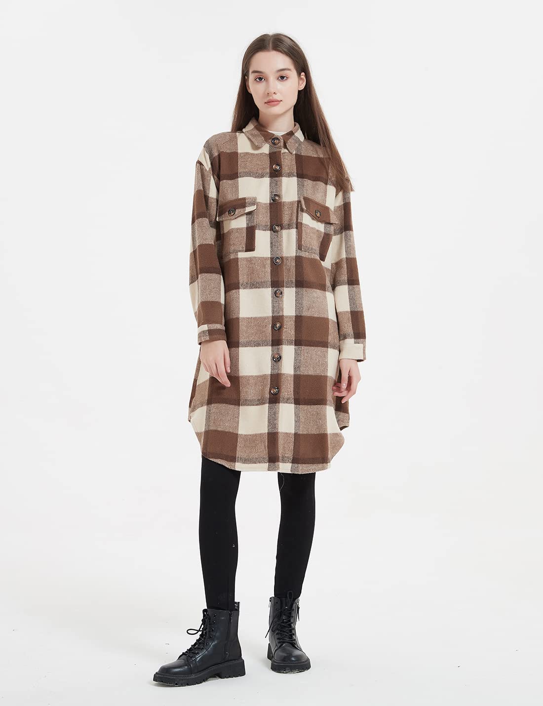 Happlan Women's Vintage Plaid Flannel Shacket - Button Down Lapel Cardigan Jacket for Dressy Casual Outfits | Perfect for Fall Layering, Office Wear & Weekend Outings