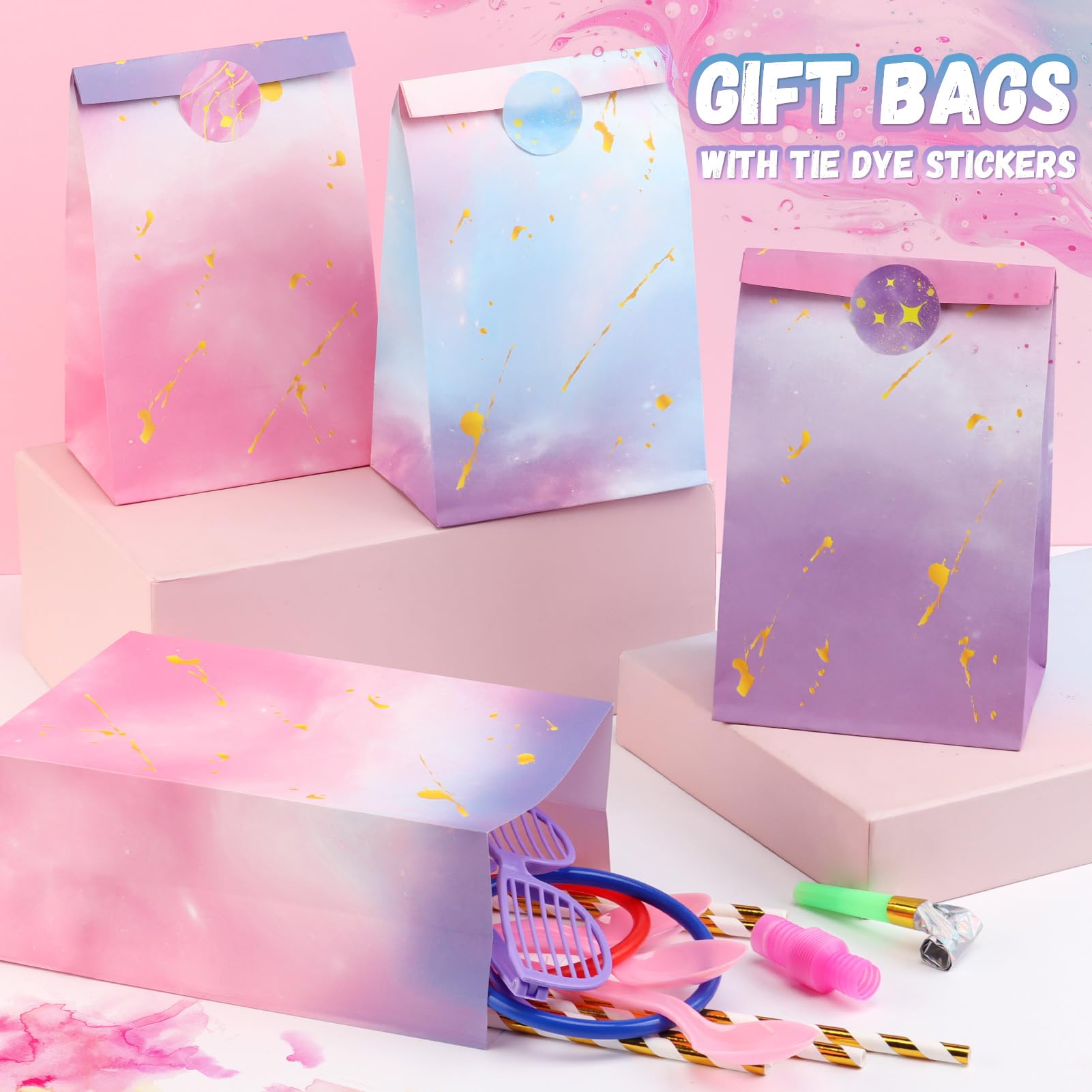 HEJIN 30PCS Tie Dye Party Favor Bags with Stickers - Pink & Purple Mermaid Unicorn Gift Bags for Girls Birthday Party, Baby Shower, Halloween, Wedding Favors | Perfect for Kids Party Supplies, Goodie Bags, Celebration Decorations and Festive Events