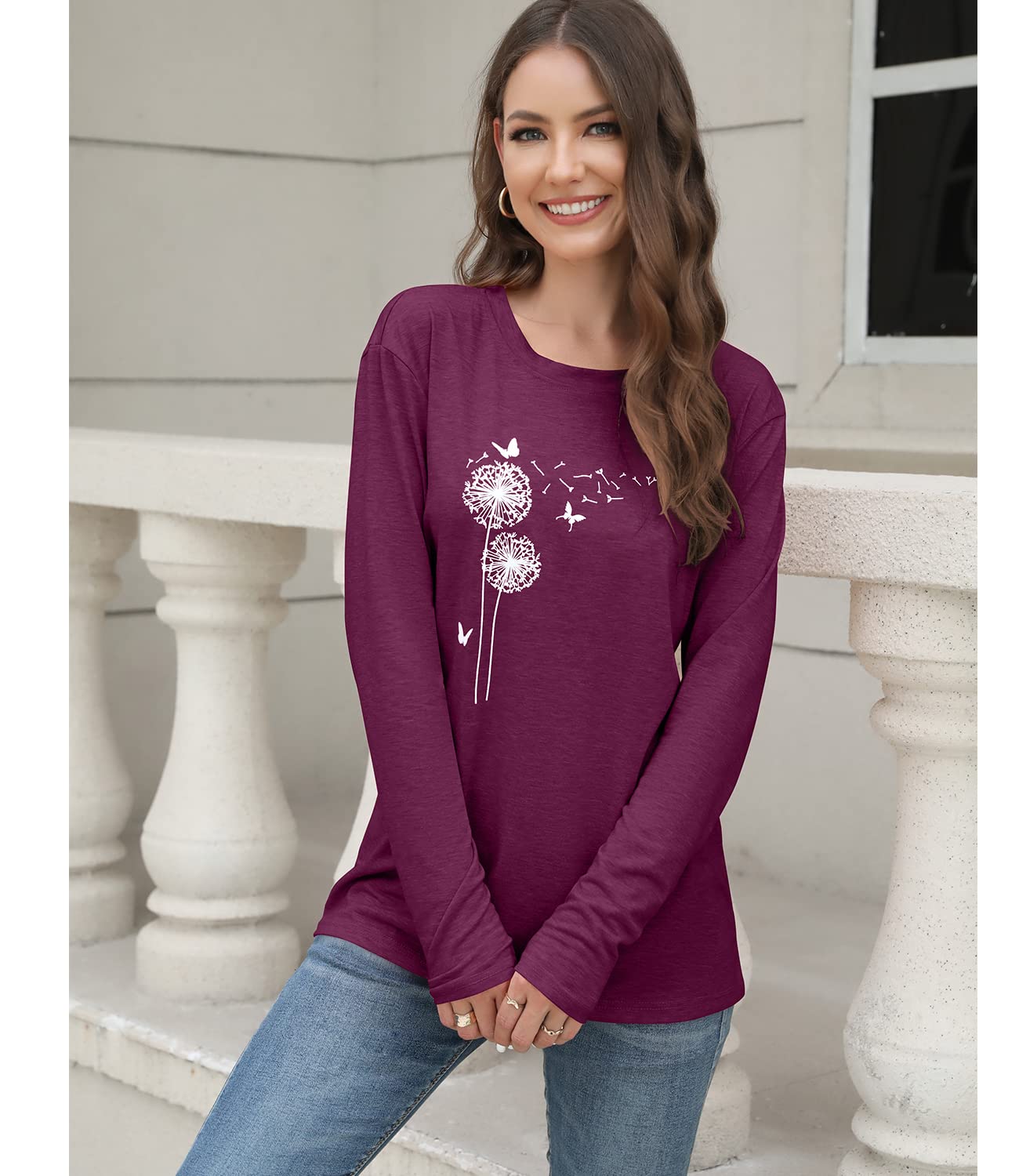 Women's Floral Graphic T-Shirt - Long Sleeve Cotton Tunic Top for Fall | Casual Outfit, Layering Essential & Autumn Fashion Staple