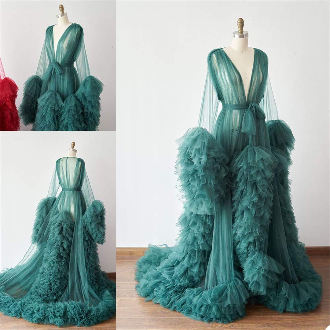Elegant Tulle Robe - Long Lingerie Bridal Dressing Gown for Wedding, Boudoir Photoshoot & Romantic Nights - Plus Size Puffy Nightgown for Women