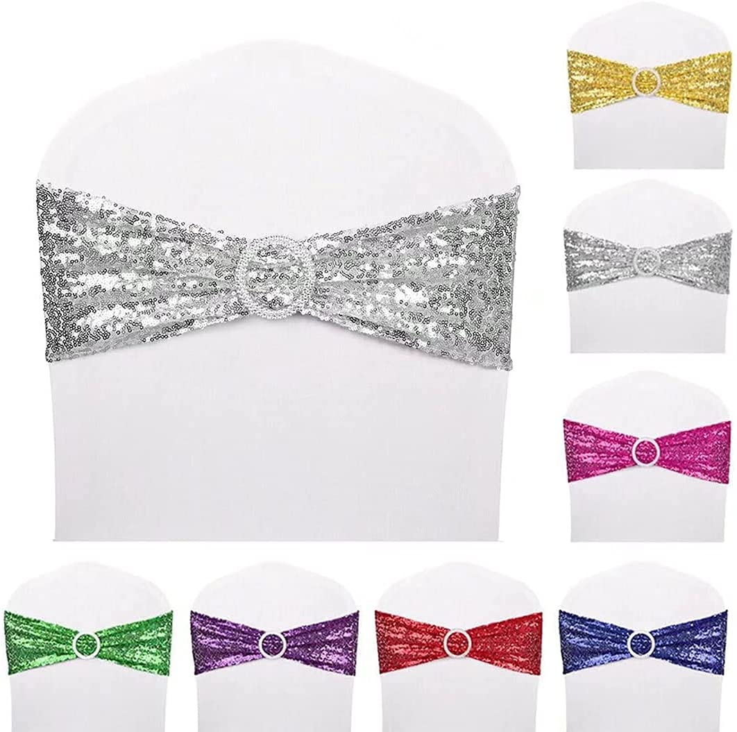 Sparkling NC Sequin Chair Sashes - Pack of 100 Stretch Spandex Chair Bands with Buckle for Wedding, Banquet, Birthday, Graduation, Anniversary & Prom Decorations - Elegant Party Chair Covers (Silver, 100pcs) - Perfect for Wedding Aisle Decor, Banquet Seating & Special Event Chair Decorations