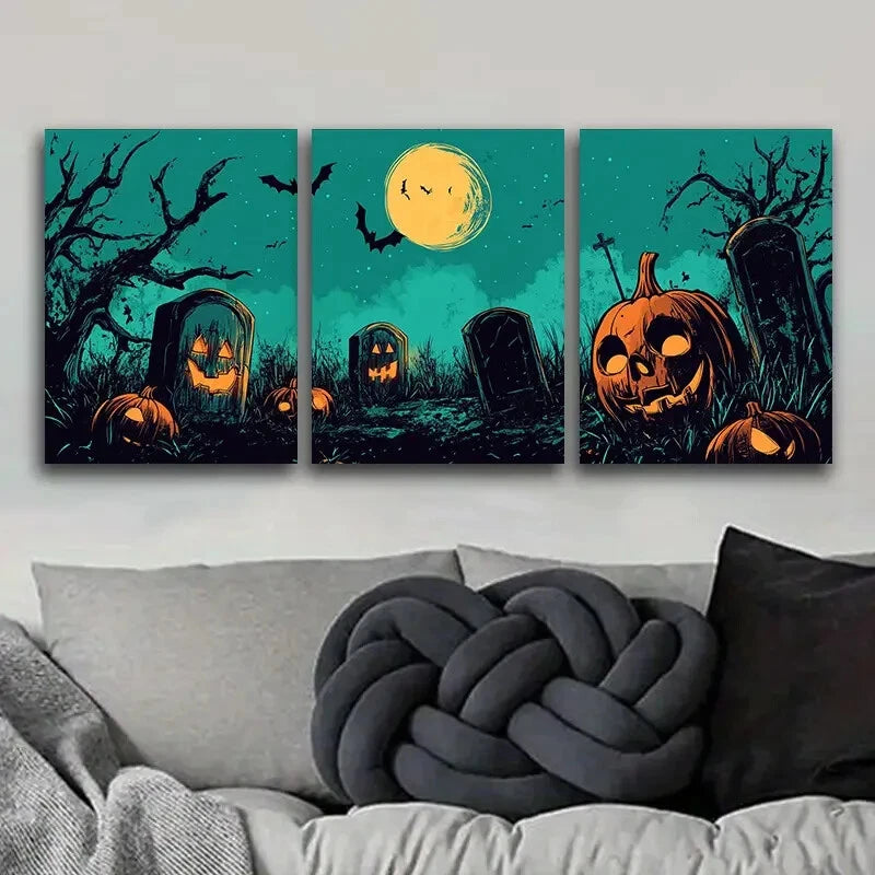 3-Piece Ghost Graveyard Art Deco Metal Wall Art Prints - Classic Halloween Decor for Home, Office & Haunted House - Ready to Hang Gallery Set