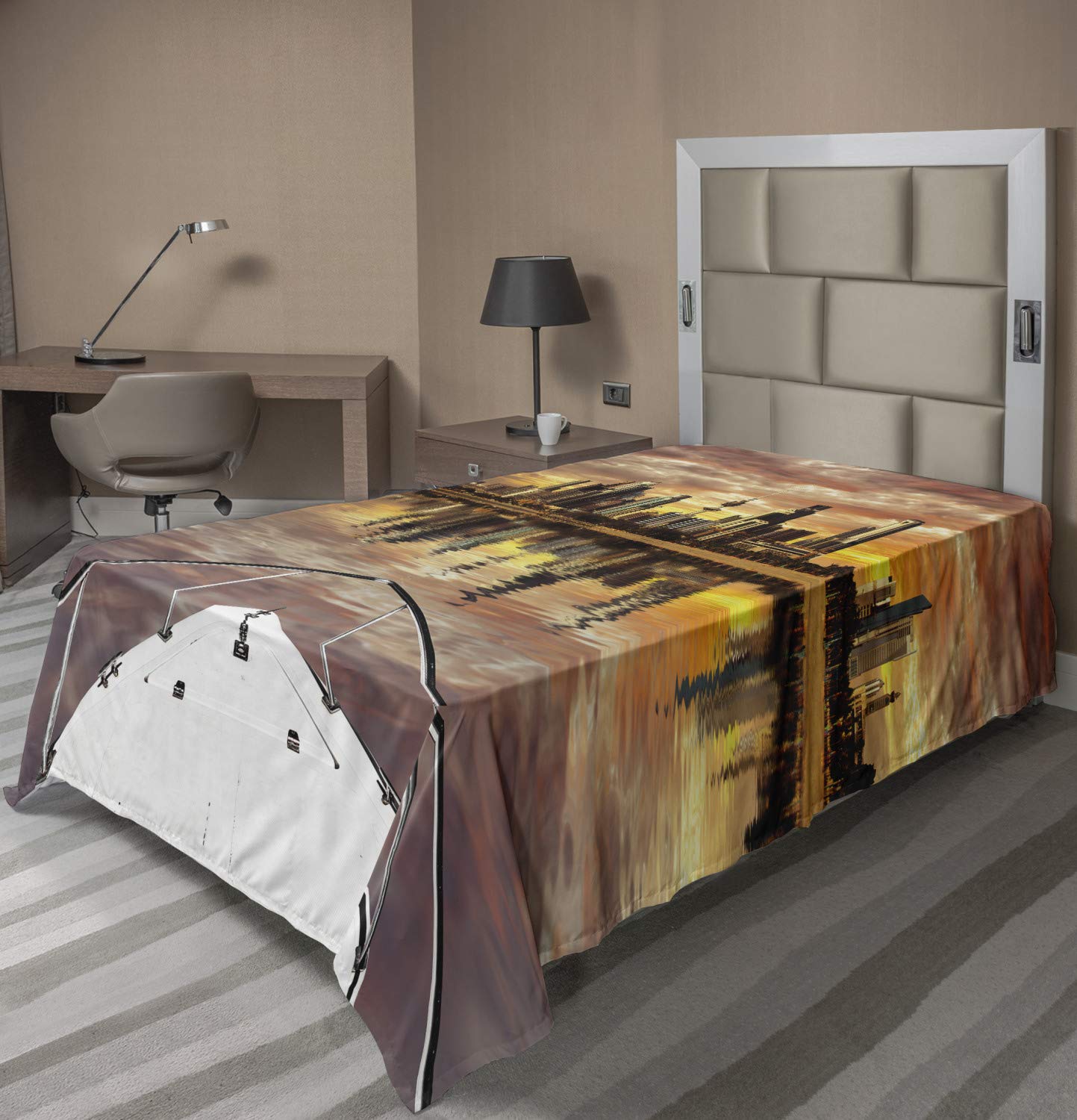 Ambesonne Travel Flat Sheet - Kuwait City Skyline Sailboat View with Majestic Skyscrapers & Arabian Landscape - Soft Comfortable Decorative Bedding (1 Piece, Twin XL Size, Multicolor) - Perfect for Travel, Guest Rooms & Coastal Themed Bedrooms