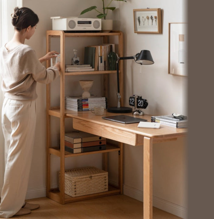 Solid Oak Wood Office Desk with Single Leg & Built-in Bookshelf - Modern Home Office Furniture for Work and Study