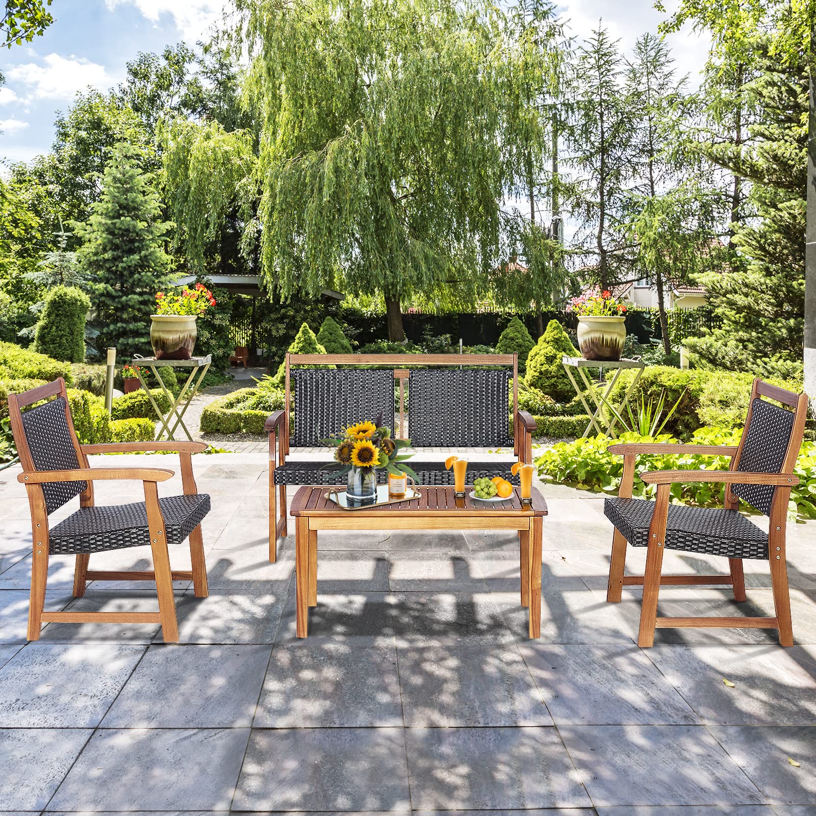 Tangkula 4-Piece Outdoor Patio Furniture Set - Rattan Wicker Conversation Set with Acacia Wood Frame, Waterproof Sectional Sofa with Chairs & Coffee Table for Garden, Backyard, Poolside, Deck or Patio - Perfect for Relaxing, Entertaining and Outdoor Gatherings