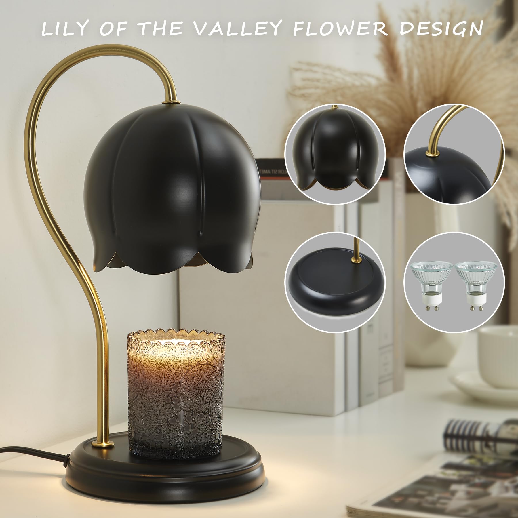 Black Gold Flower Candle Warmer Lamp with Timer & Dimmable Light - Elegant Home Office Decor, Scented Wax Melter for Bedroom - Perfect Christmas Birthday Gift for Women & Men - Large Tabletop Candle Burner for Relaxation, Aromatherapy & Romantic Ambiance