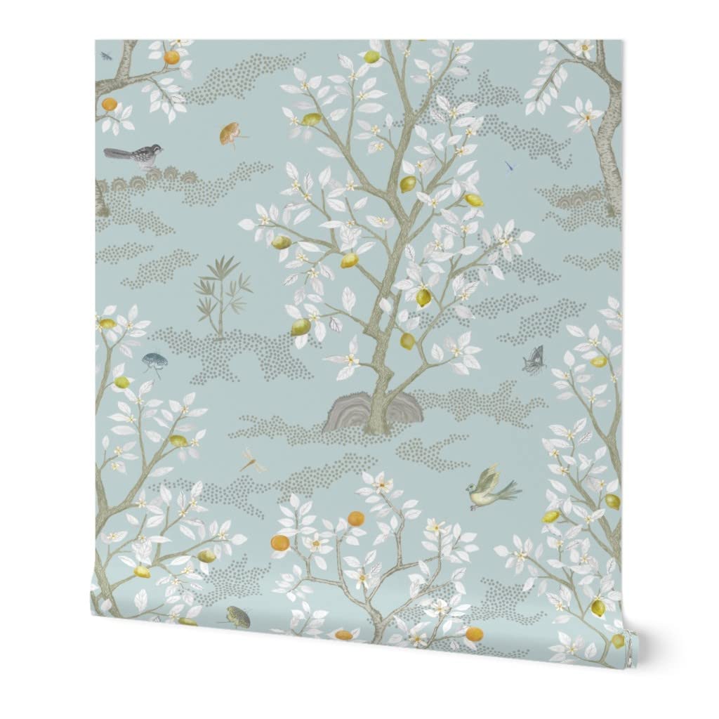 Peel & Stick Removable Wallpaper Swatch - Grey Birds, Trees, Aqua Citrus, Taupe, Chinoiserie Patterns | Self-Adhesive Custom Wallpaper for Bedroom, Nursery, Office & Home Decor | Spoonflower