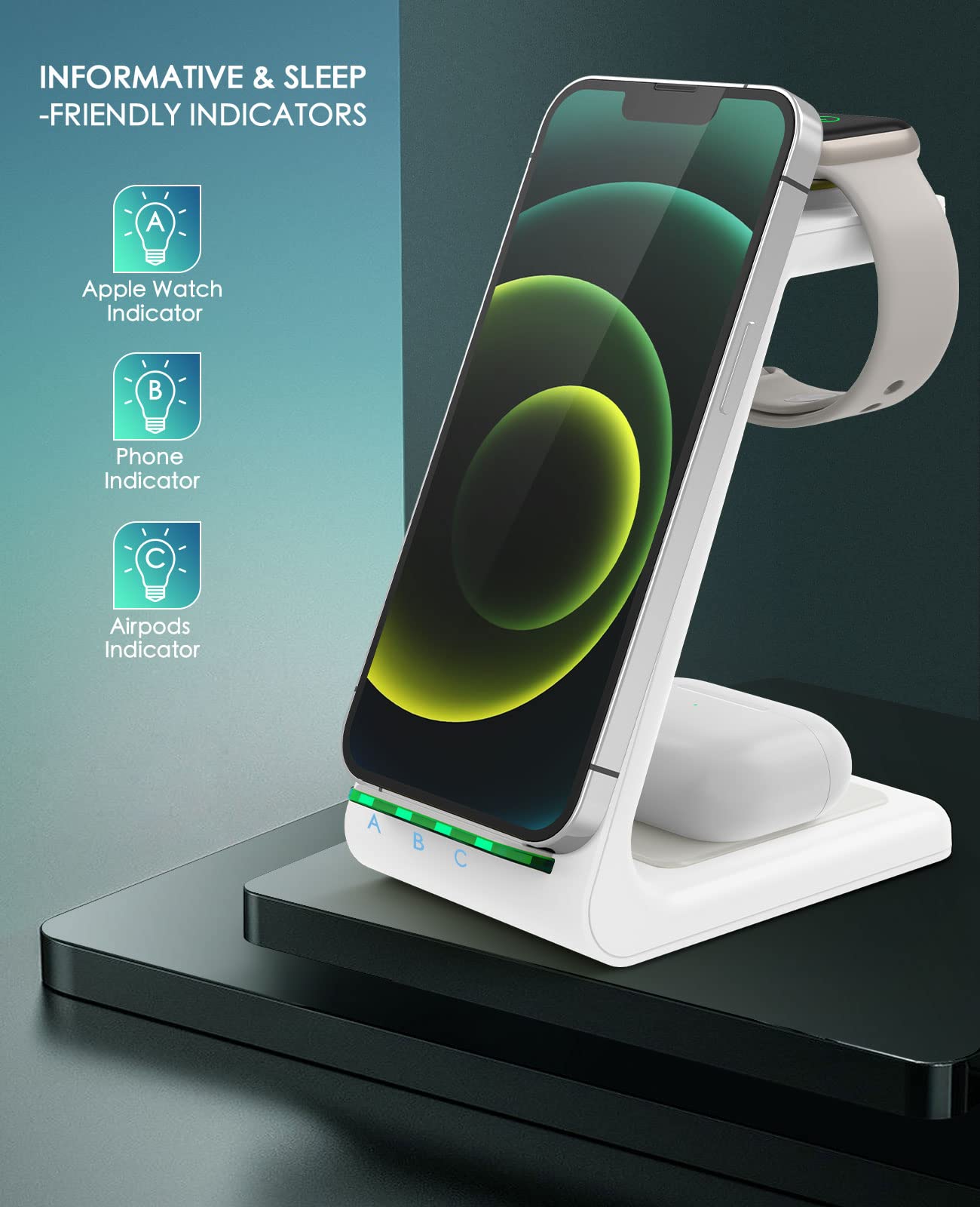 3-in-1 Fast Wireless Charging Station for iPhone 15/14/13/12/11 Pro Max/X/Xs/8 Plus, AirPods Pro/3/2 & Apple Watch Series 9/8/7/6/5/SE - Multi-Device Desk Charger Stand for Home & Office Use