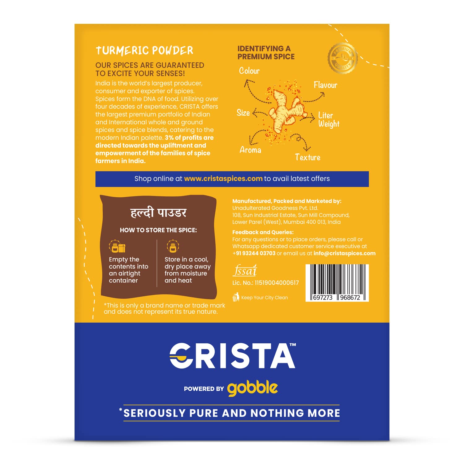 Organic CRISTA 500g Pure Turmeric Powder - 100% Natural, No Additives, Preservatives or Fillers - Handcrafted in Small Batches for Freshness - Perfect for Cooking, Golden Milk & Skin Care