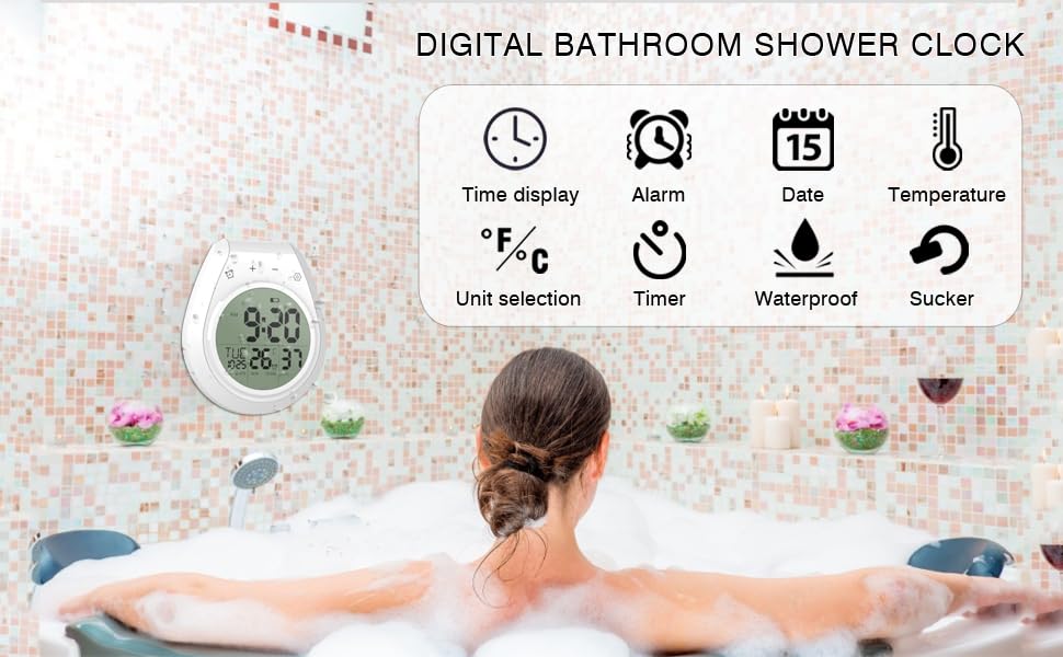 Waterproof Digital Shower Clock with Temperature Display - Large LCD Screen, Touch Buttons, Suction Cup & Adhesive Hanger - Perfect for Bathroom, Kitchen & Gym - Countdown Timer & Easy Setting - White