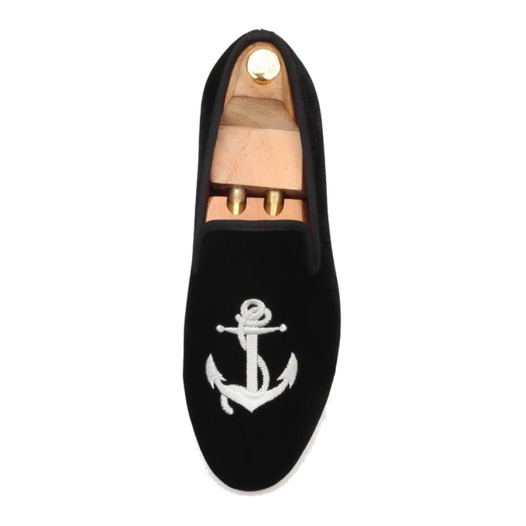 FERUCCI Handmade Men's Black Velvet Slippers - Comfortable Loafers with Silver Anchor Design | Perfect for Home, Lounge & Casual Wear